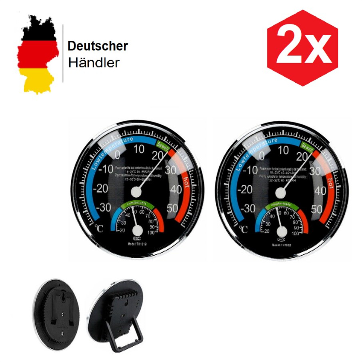 Zwei runde Thermometer mit Celsius-Skala. Deutscher Text und eine Karte.