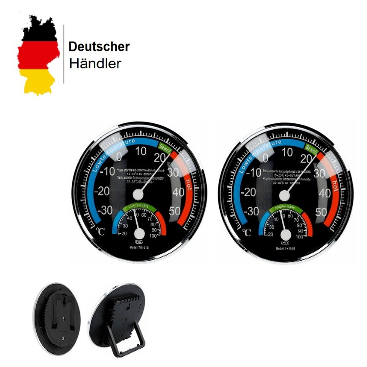 Zwei kreisförmige Thermometer mit schwarz-weißen Zifferblättern und der deutschen Flagge oben links.