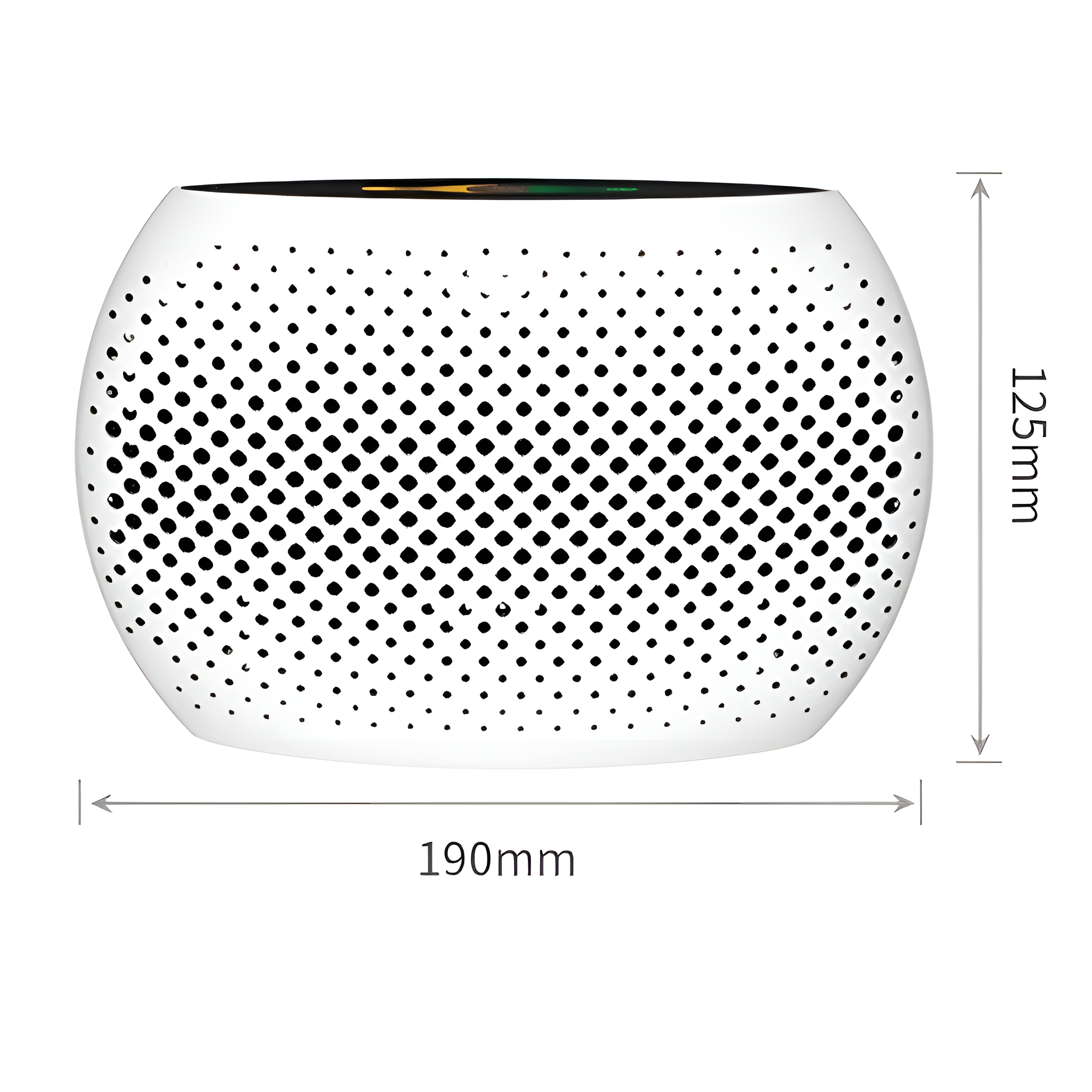 Weißer, ovaler Luftreiniger mit schwarzen Löchern. Abmessungen sind 190 mm x 125 mm. Die Oberseite hat ein farbiges Display.