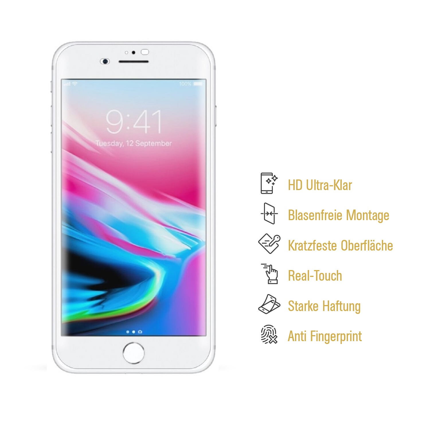 Ein weißes Smartphone und eine Displayschutzfolie mit Symbolen und Text.