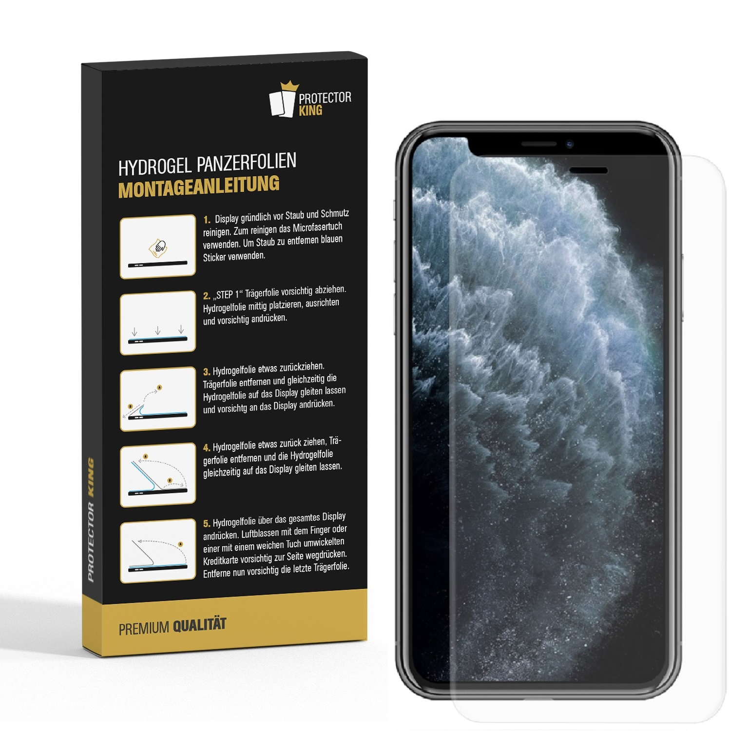 Box und Displayschutzfolie für ein Telefon. Anweisungen zur Anwendung sind auf der Box sichtbar.