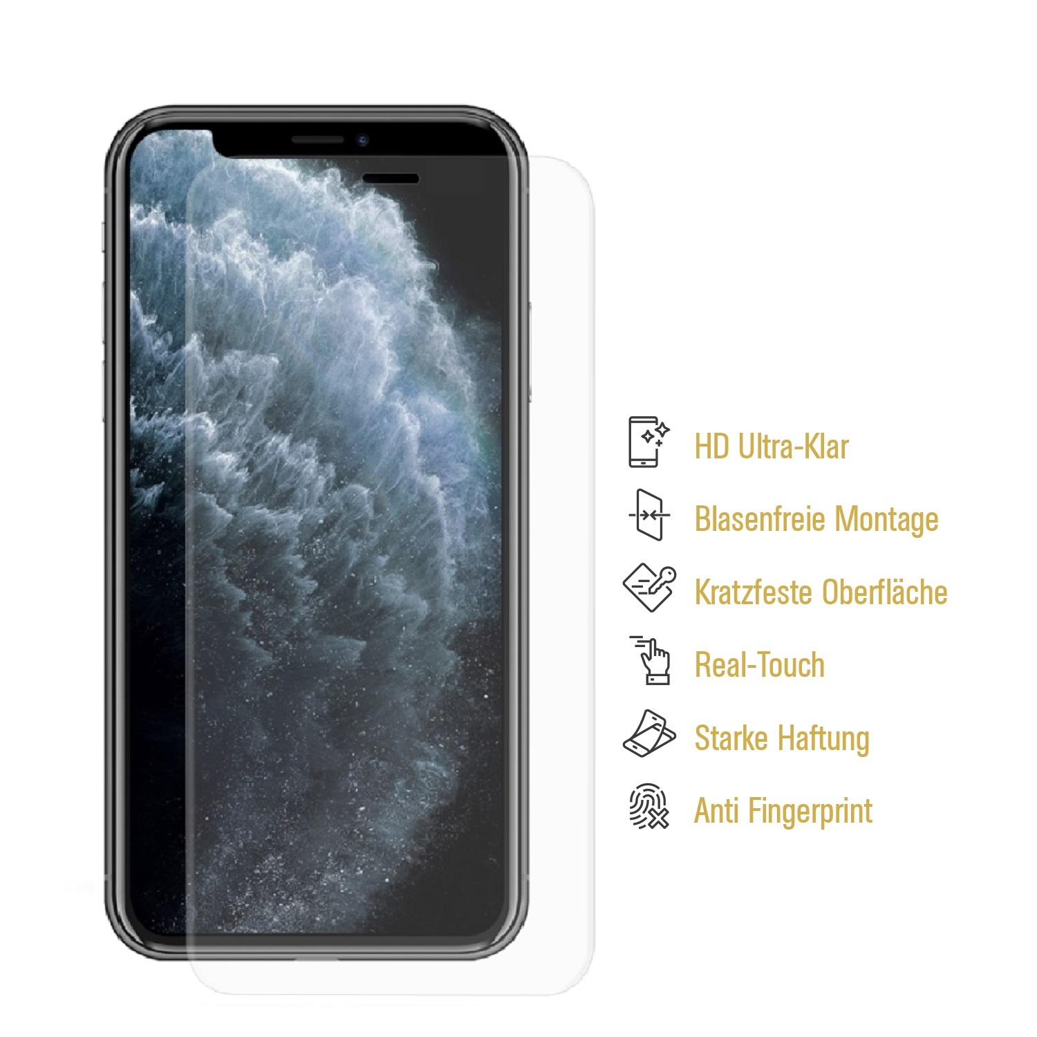Smartphone mit Displayschutzfolie und beschreibenden Symbolen für Funktionen.