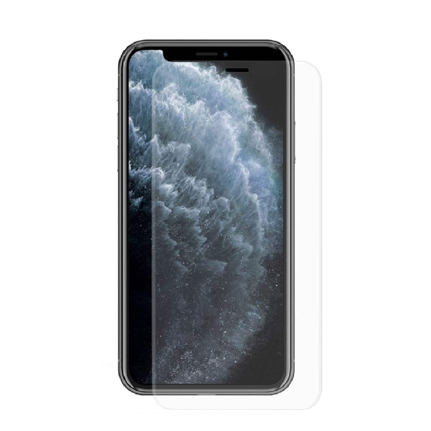 Ein iPhone mit angebrachtem Displayschutz. Der Bildschirm zeigt einen dunklen Hintergrund.