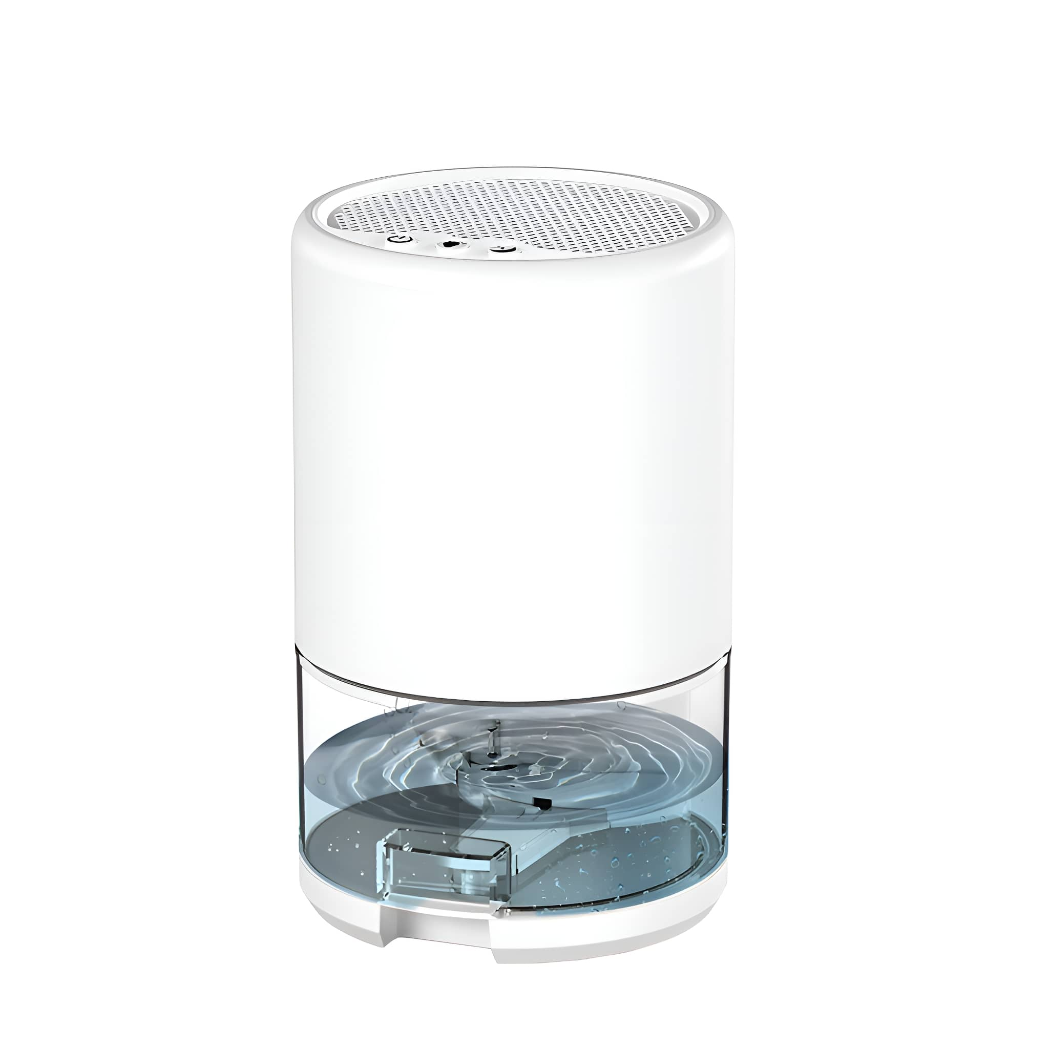 Weißer Luftbefeuchter mit transparentem Wassertank. Der Hintergrund ist weiß.