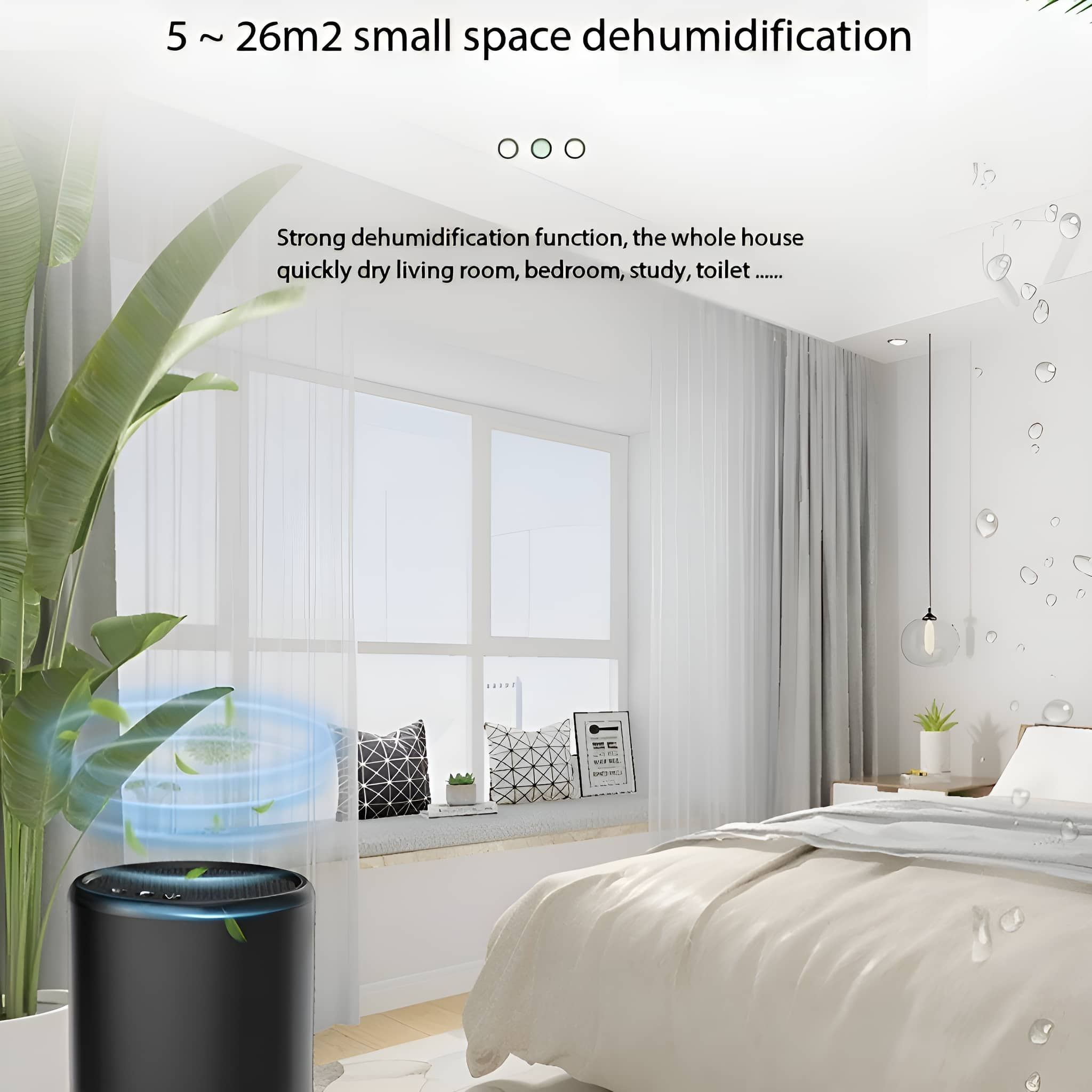 Eine Innenszene mit einem Luftentfeuchter und einem Bett. Der Text lautet: 5-26m2 kleine Raum-Entfeuchtung.