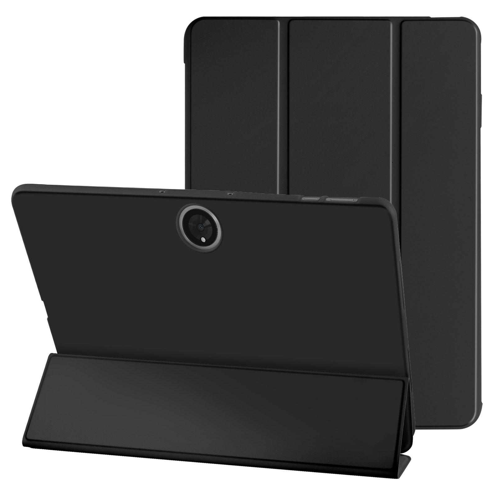 Tablet nero con custodia, aperto per stare in piedi. Un altro tablet sullo sfondo anch'esso nero. Entrambi hanno la fotocamera.