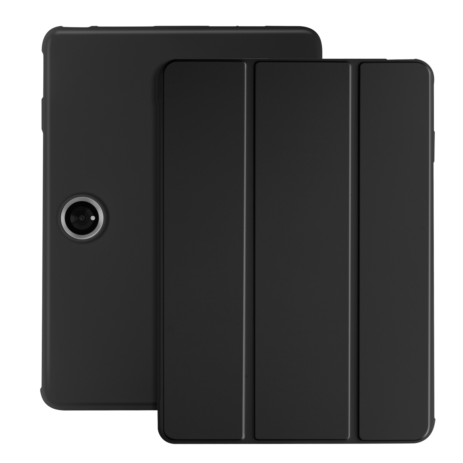 Custodia per tablet nera con ritaglio per fotocamera e coperchio anteriore pieghevole.