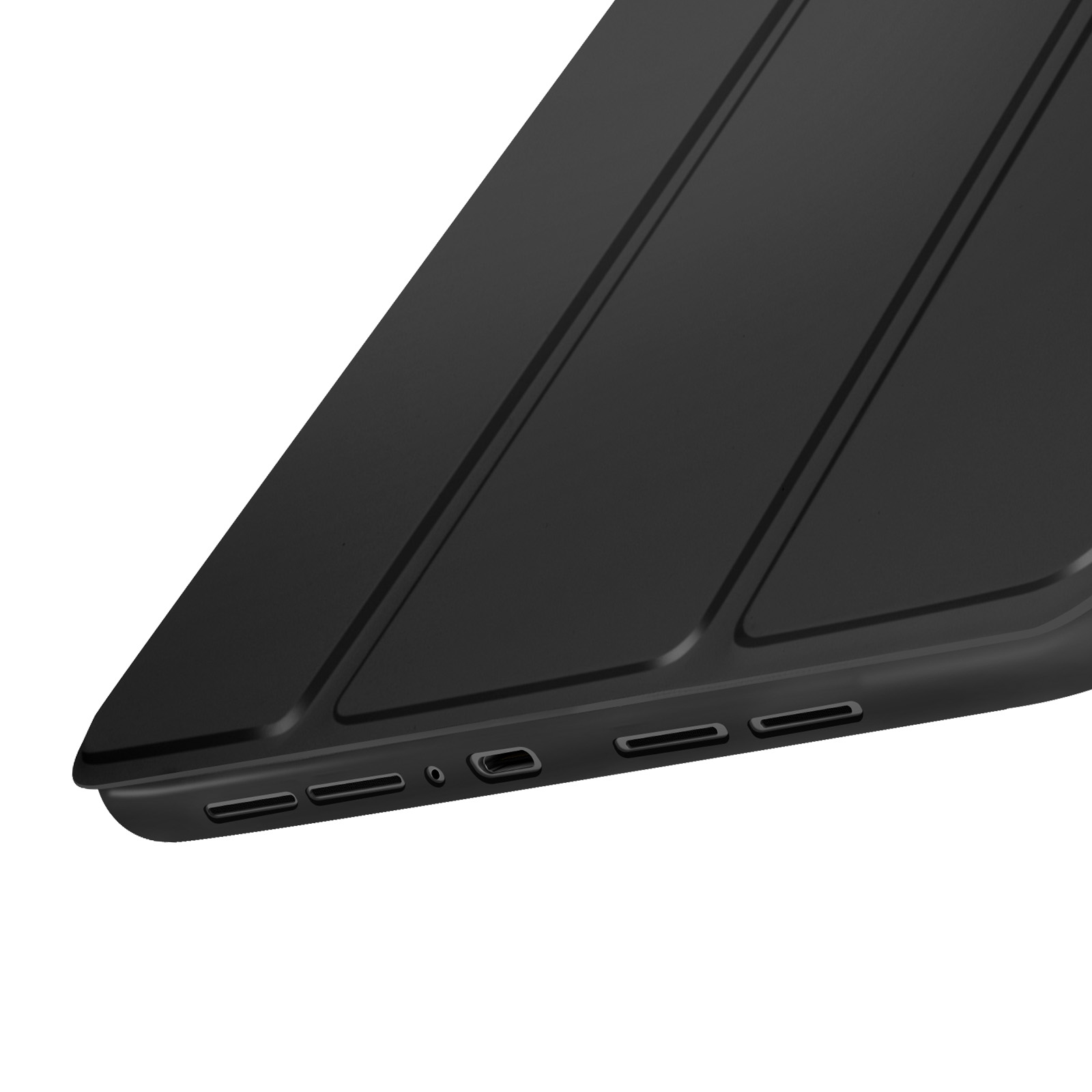 Una cover nera per tablet con porte sul bordo inferiore, vista da vicino.