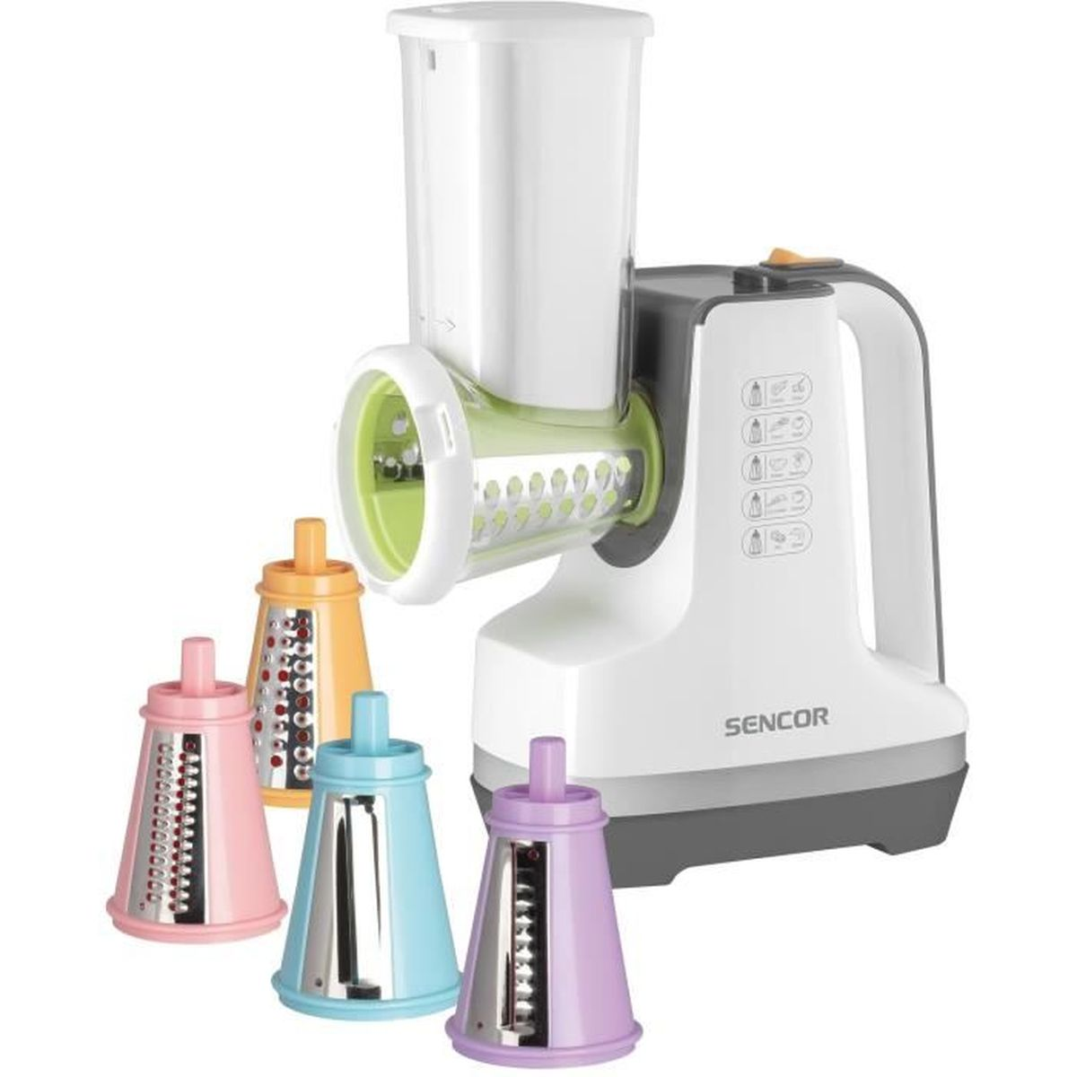 Un robot da cucina bianco e verde con molteplici accessori per grattugiare colorati.