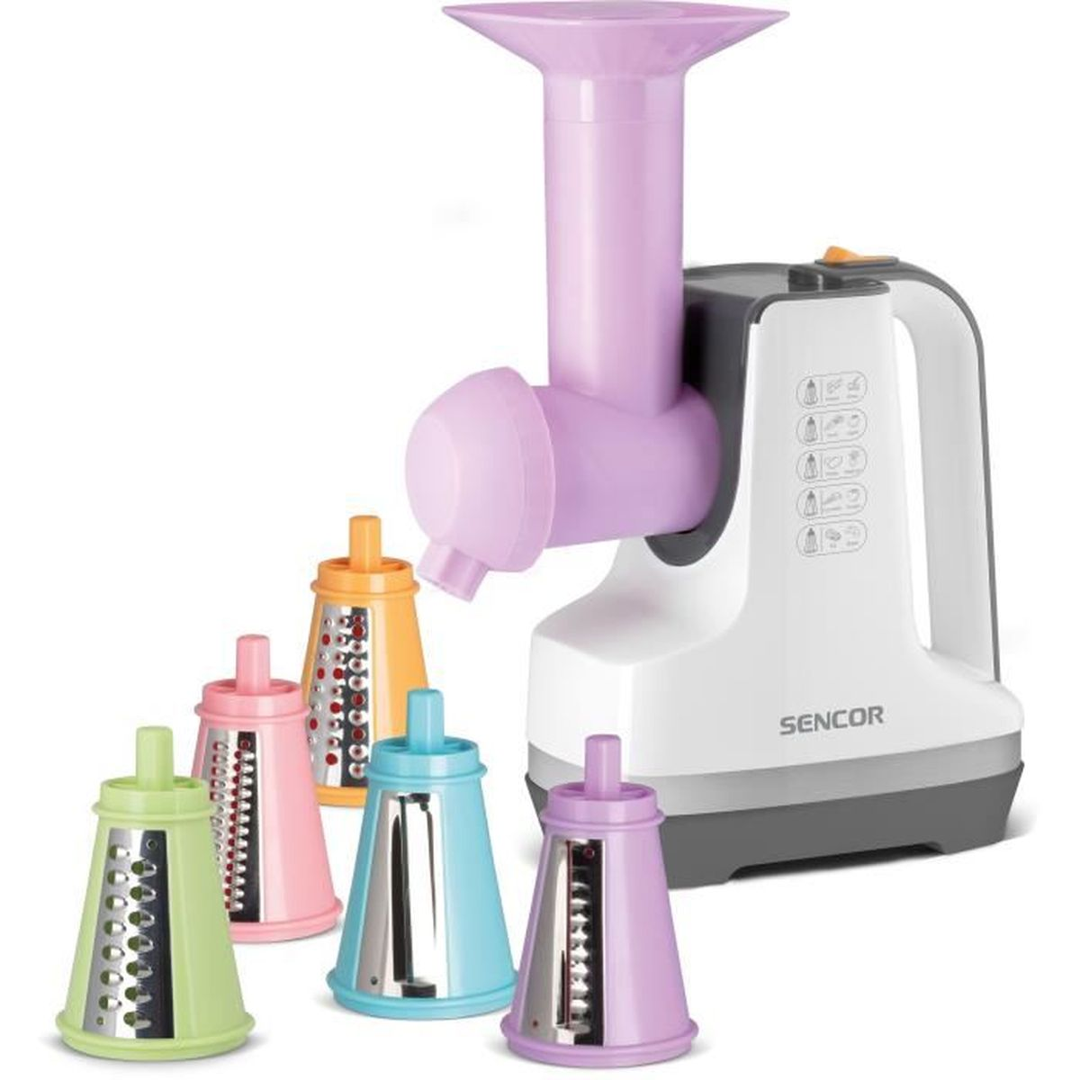 Robot da cucina bianco e rosa con accessori colorati. Sfondo bianco.