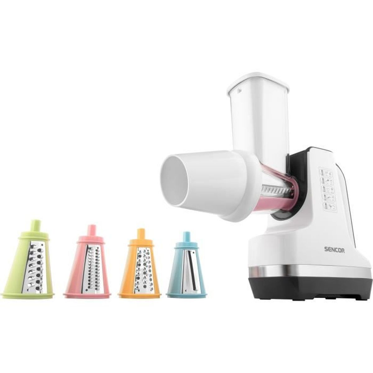Un robot da cucina bianco e rosa con diversi accessori per grattugiare colorati.
