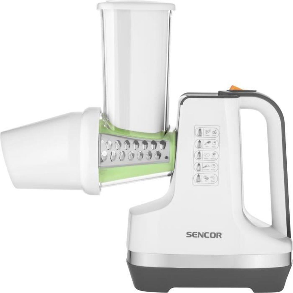 Robot da cucina bianco e grigio con un accento verde. Sfondo bianco. Primo piano.