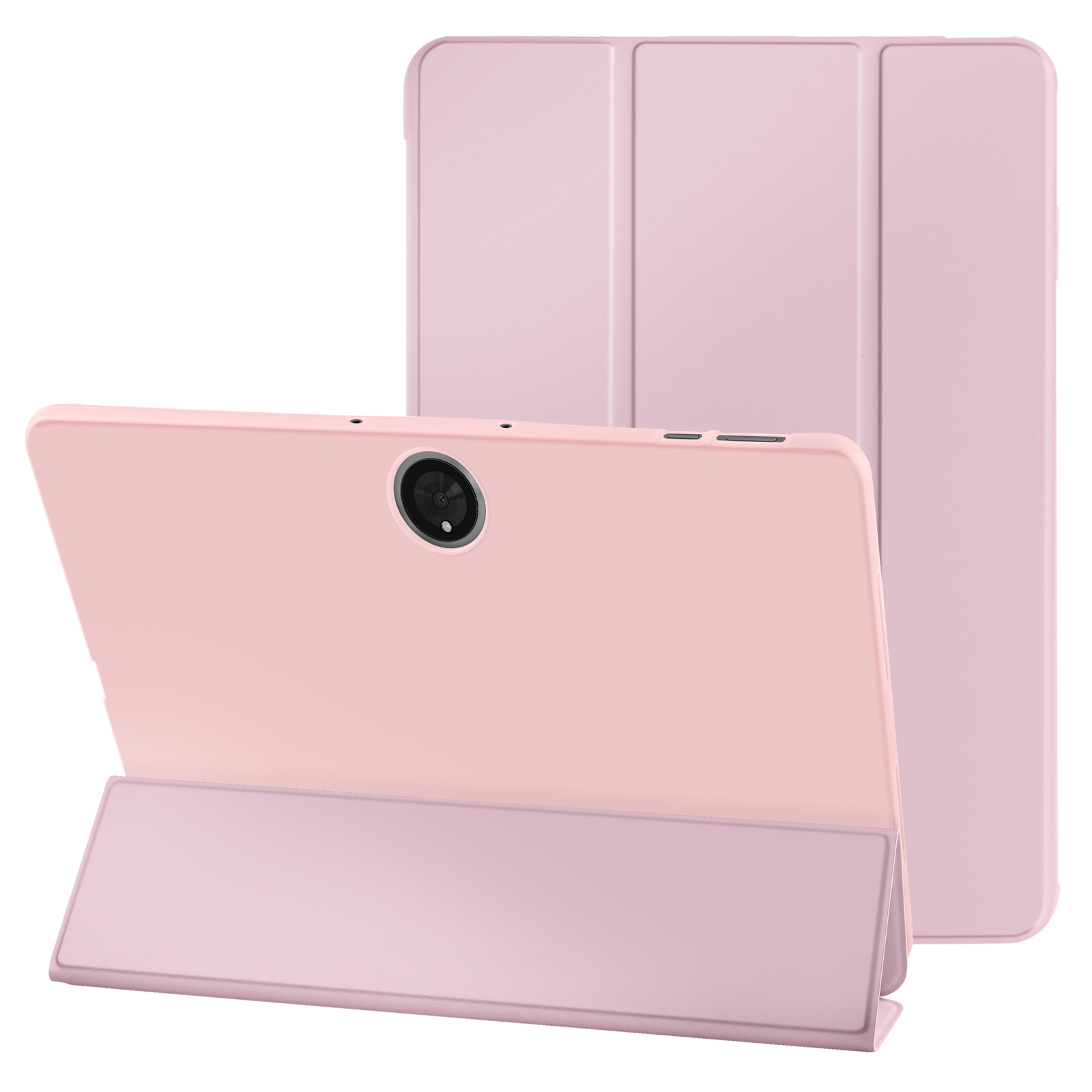 Funda rosa para tableta con una tableta dentro. La funda está abierta, mostrando la tableta.