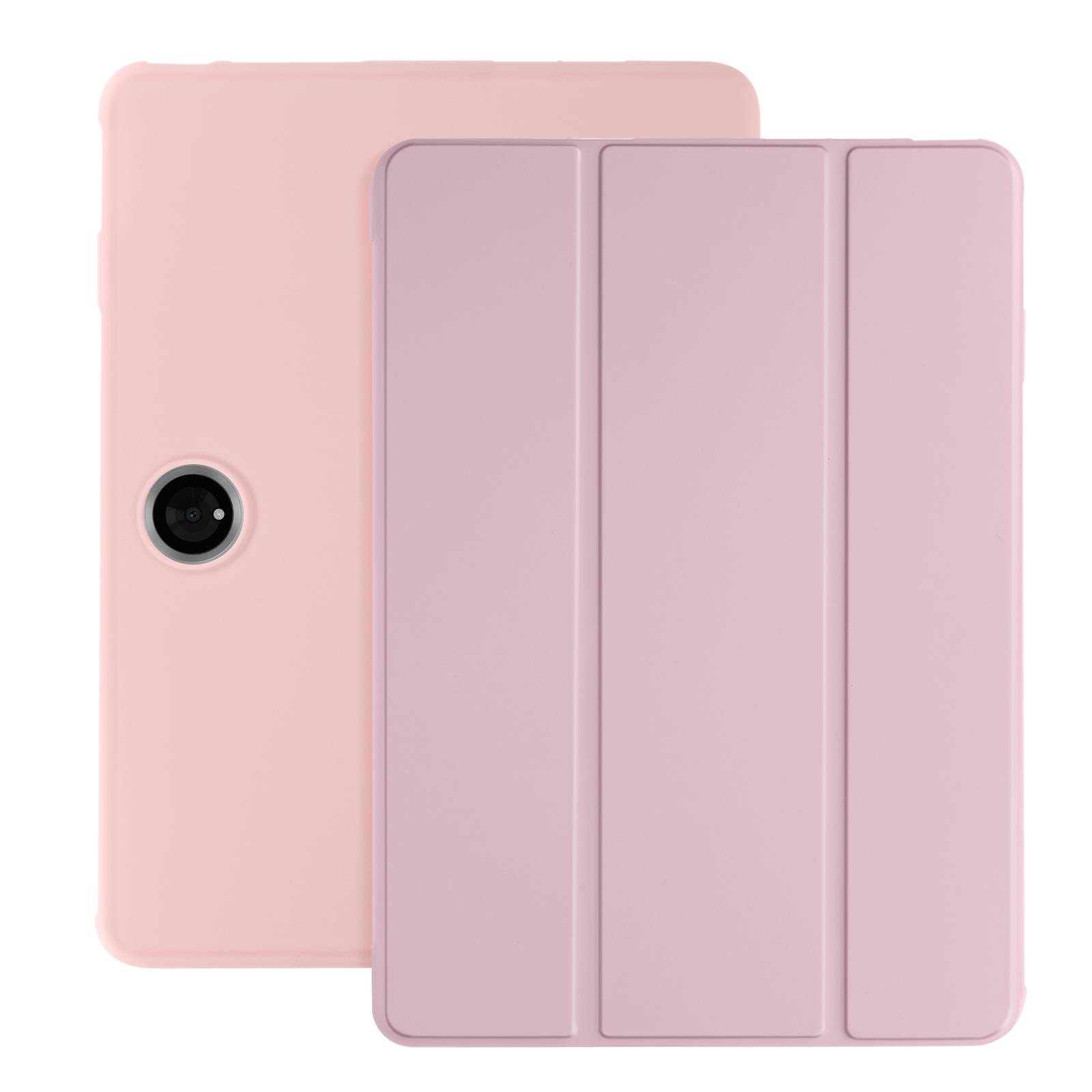 Dos fundas rosas para tabletas, una abierta y otra cerrada. La funda abierta está detrás de la cerrada.
