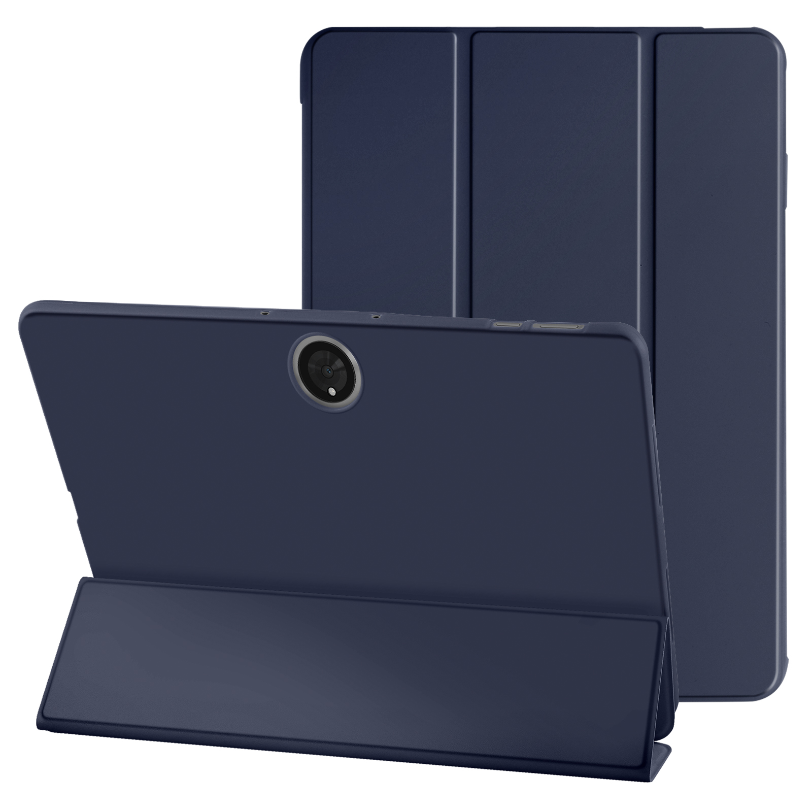 Tablet blu navy in una custodia. La custodia è aperta, mostrando lo schermo. Un'altra custodia è dietro.
