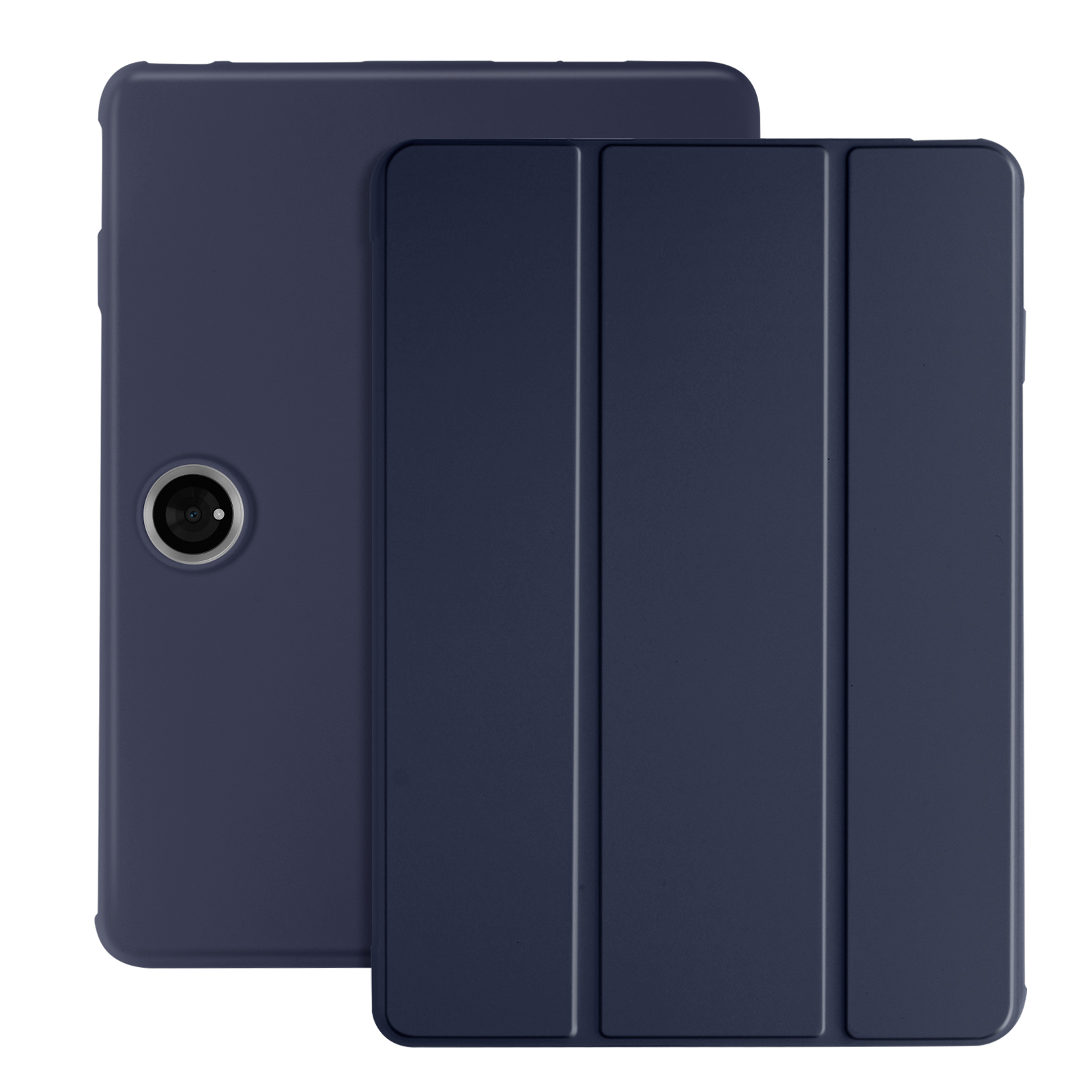 Due custodie blu per tablet, una aperta, che mostra la fotocamera del tablet. Entrambe sono blu navy.