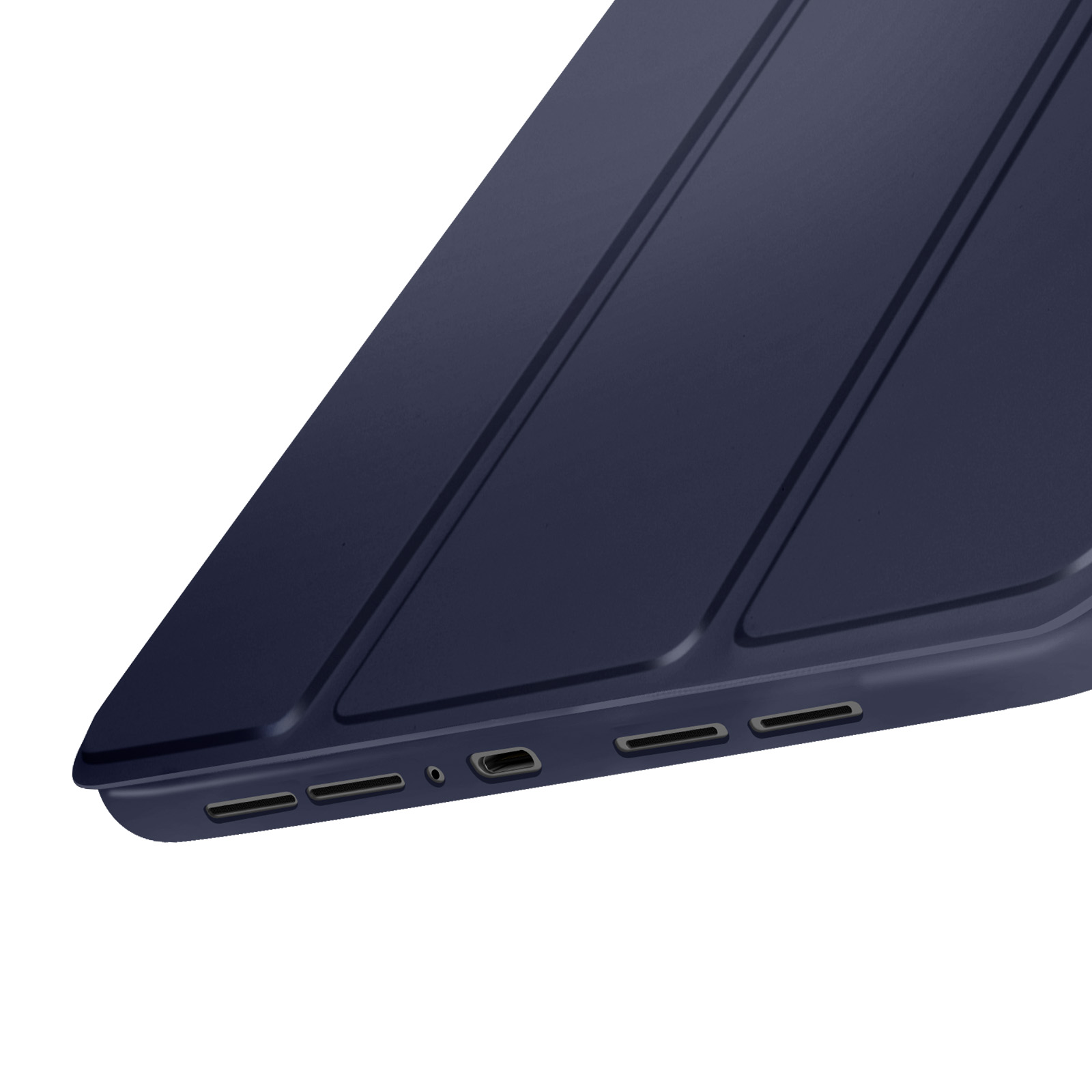 Un primo piano di una custodia blu navy con diverse porte.