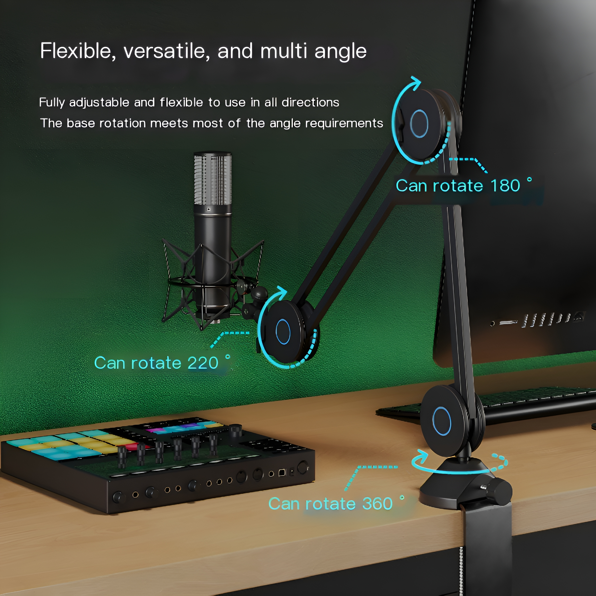 Ein Mikrofon an einem schwarzen Arm, an einem Schreibtisch befestigt. Regler und ein Computermonitor sind sichtbar.