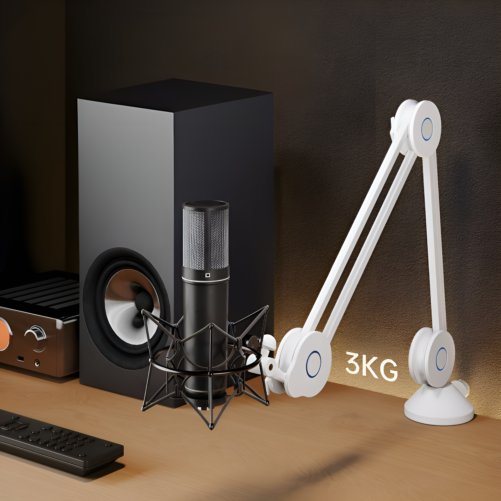 Mikrofon und Mikrofonarm auf einem Schreibtisch. Lautsprecher und Subwoofer im Hintergrund.