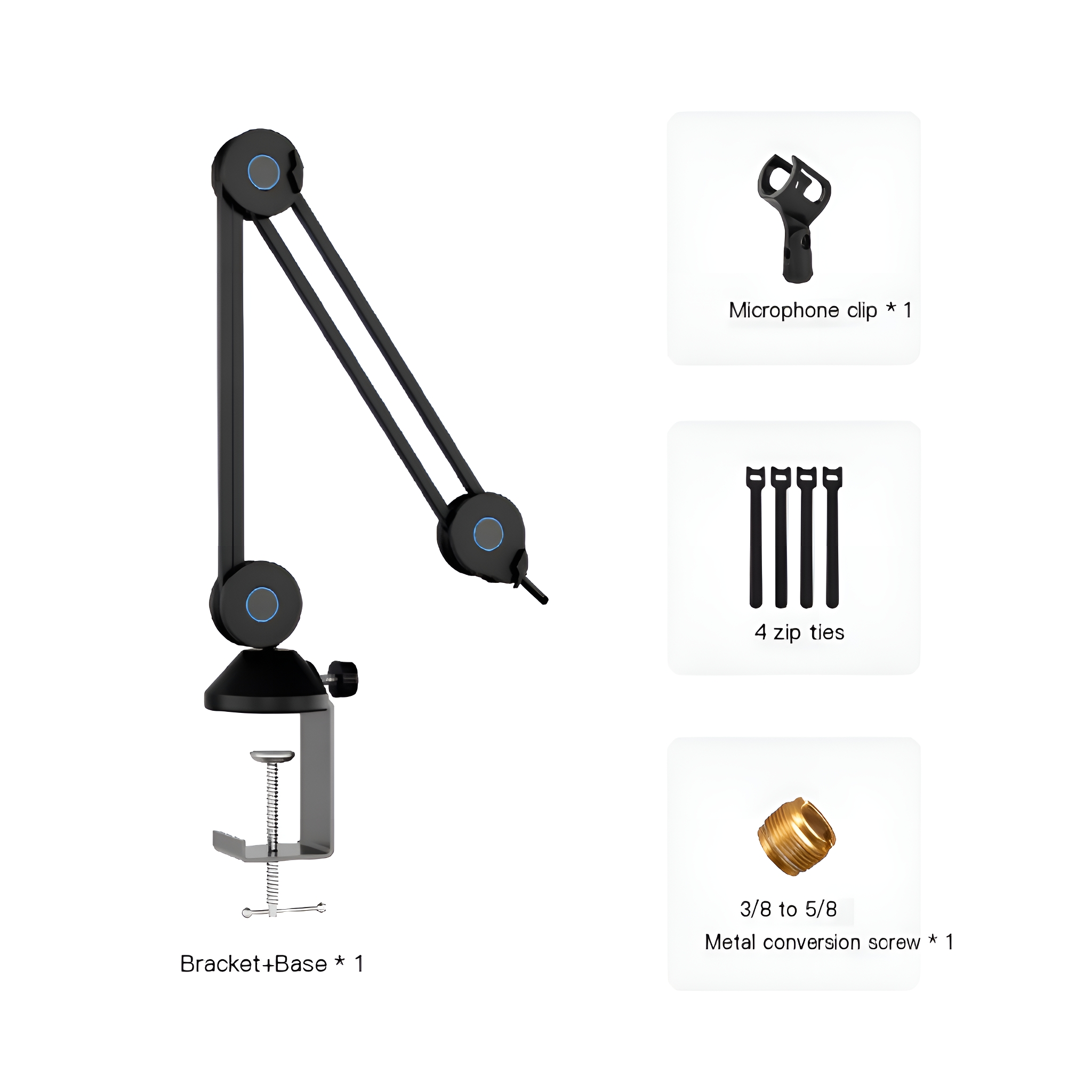 Ein schwarzer Mikrofonarm, Sockel und Zubehör: Mikrofonclip, Kabelbinder und eine Metall-Konvertierungsschraube.