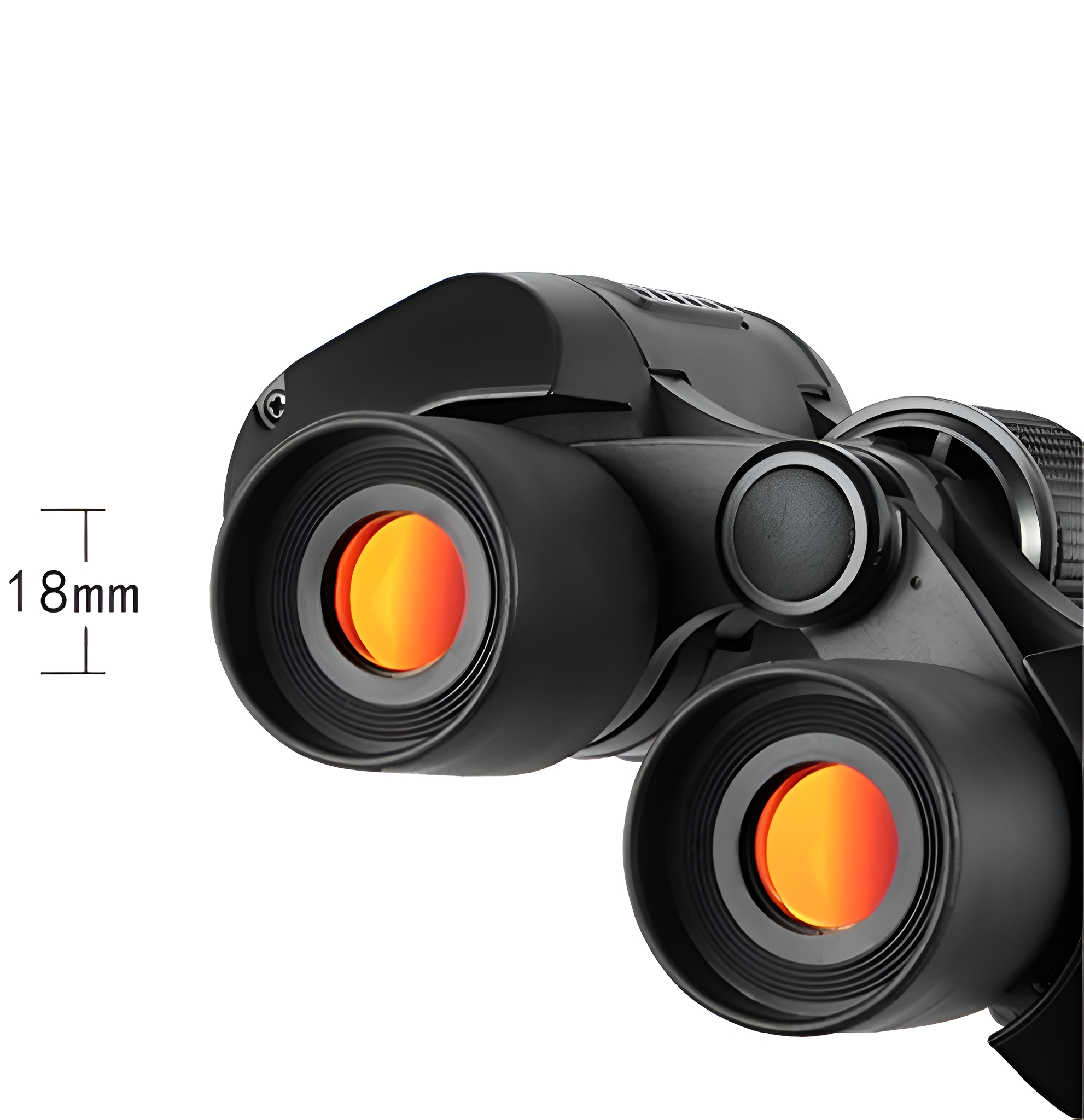Schwarzes Fernglas mit orangen Linsen. Das Bild zeigt die Vorderansicht der Linsen.