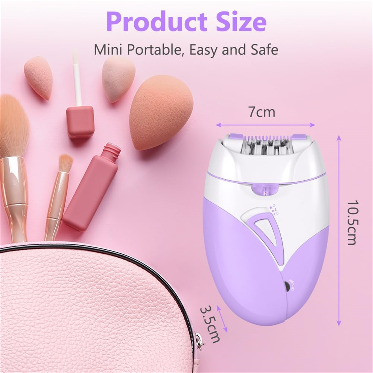 Ein elektrischer Epilierer mit rosa Tasche und Make-up-Utensilien. Der Hintergrund ist pink.