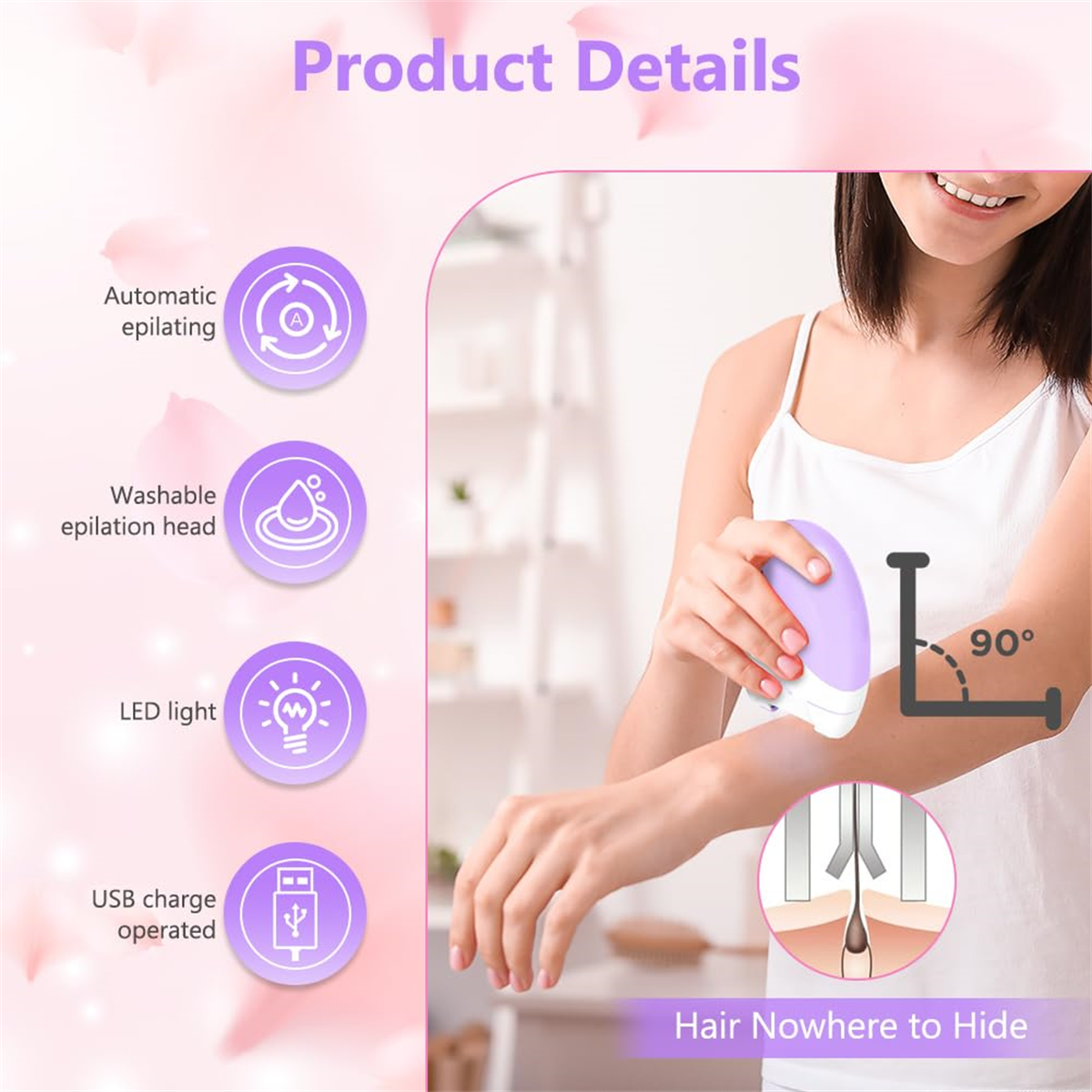Frau mit Epilierer. Icons zeigen automatische Epilation, waschbaren Kopf, LED-Licht und USB-Aufladung.