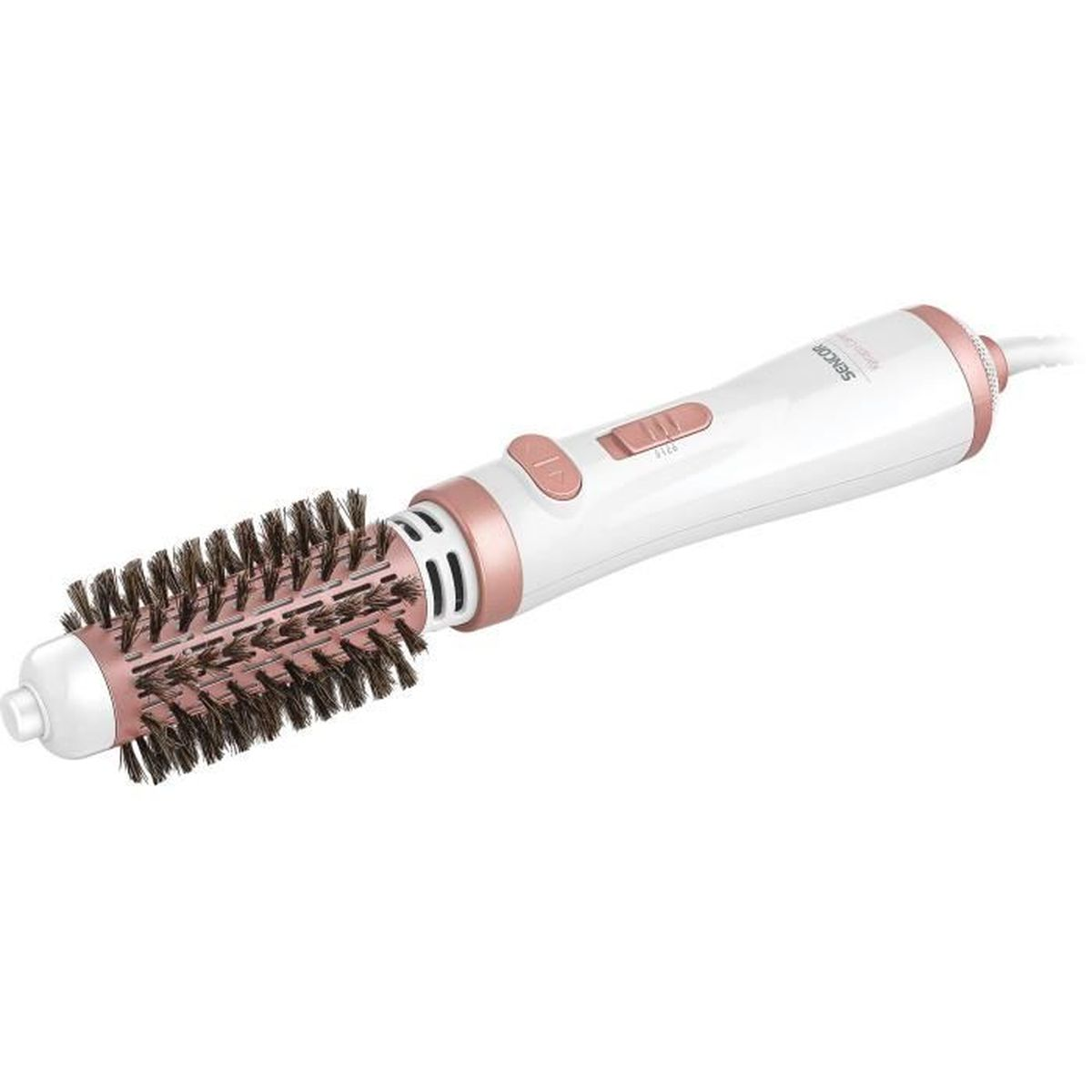 Weißer und roségoldener Haarbürsten-Styler auf weißer Oberfläche.