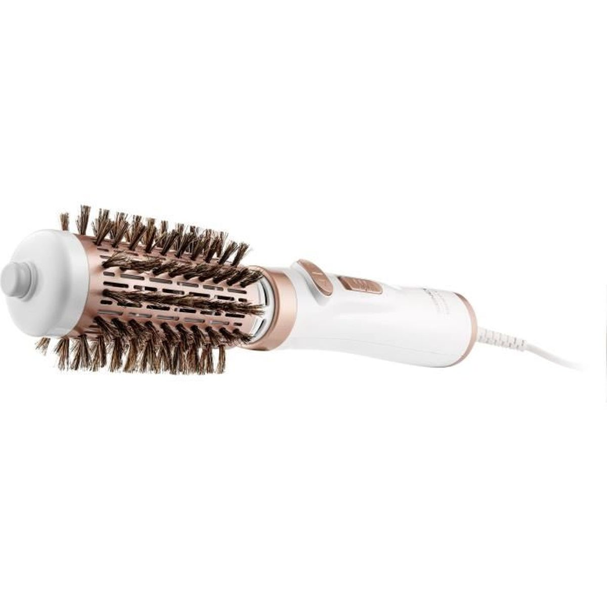 Elektrische Haarbürste in Weiß und Roségold mit Bürstenkopf.