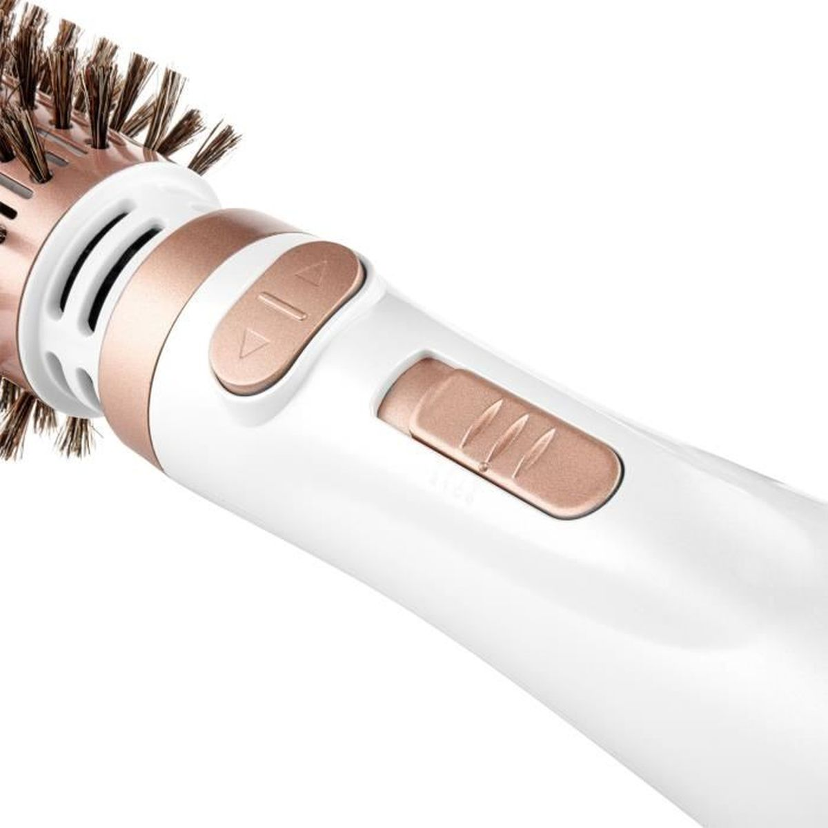 Nahaufnahme einer weißen und roségoldenen Haarstylingbürste. Die Bürste hat Knöpfe am Griff.