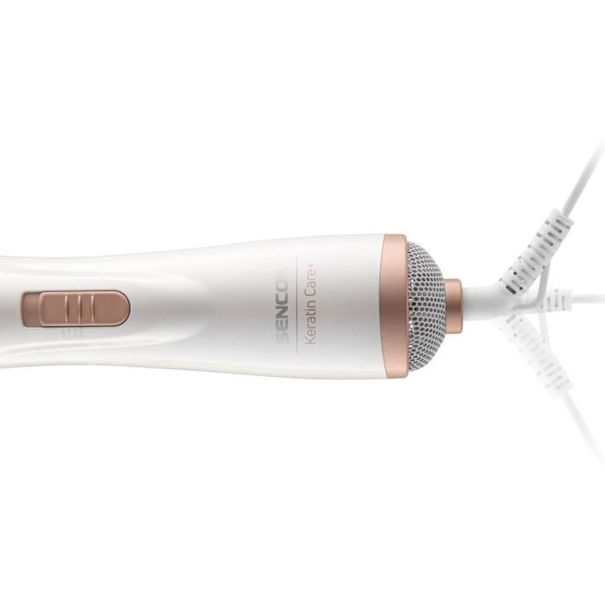 Weißer und roségoldener Haarstyler mit drei weißen Kabeln. Weißer Hintergrund.