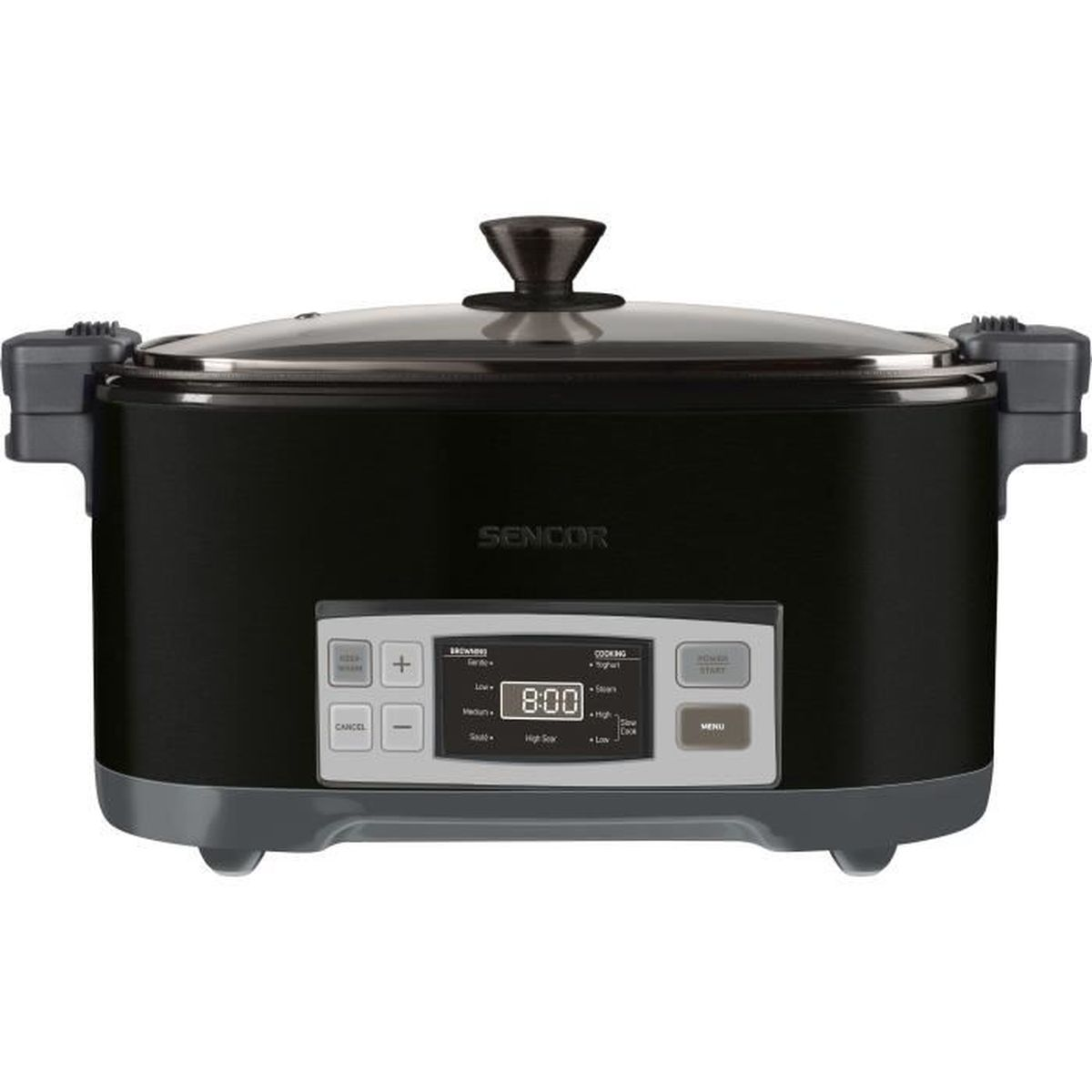 Schwarzer Slow Cooker mit Digitalanzeige, Knöpfen und Glasdeckel.