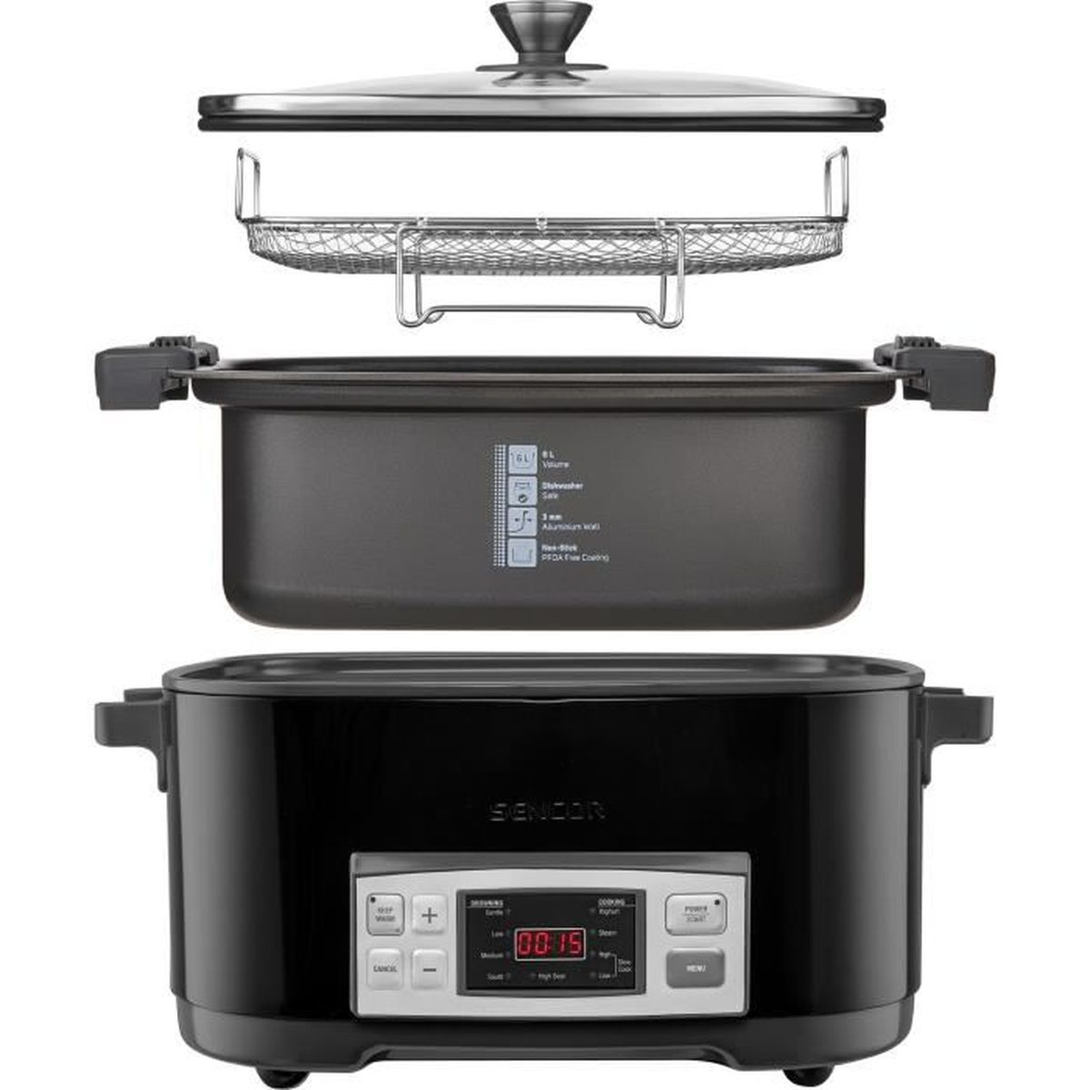 Schwarzer und grauer Slow Cooker mit auseinandergenommenen Komponenten. Er hat eine Digitalanzeige.