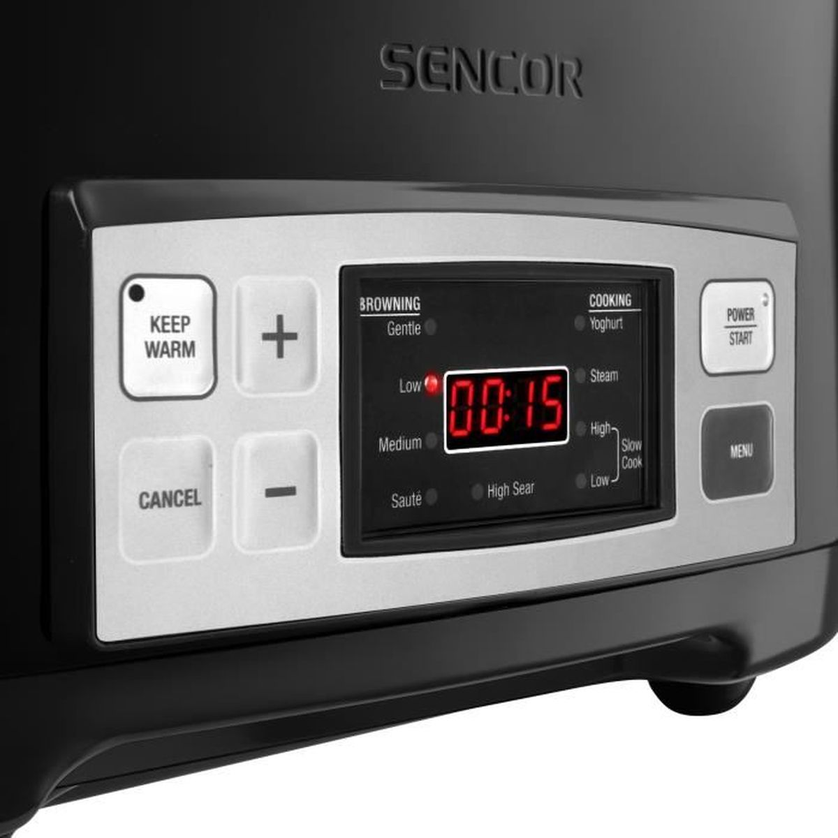 Schwarzes Bedienfeld des Slow Cookers mit Display und Knöpfen.