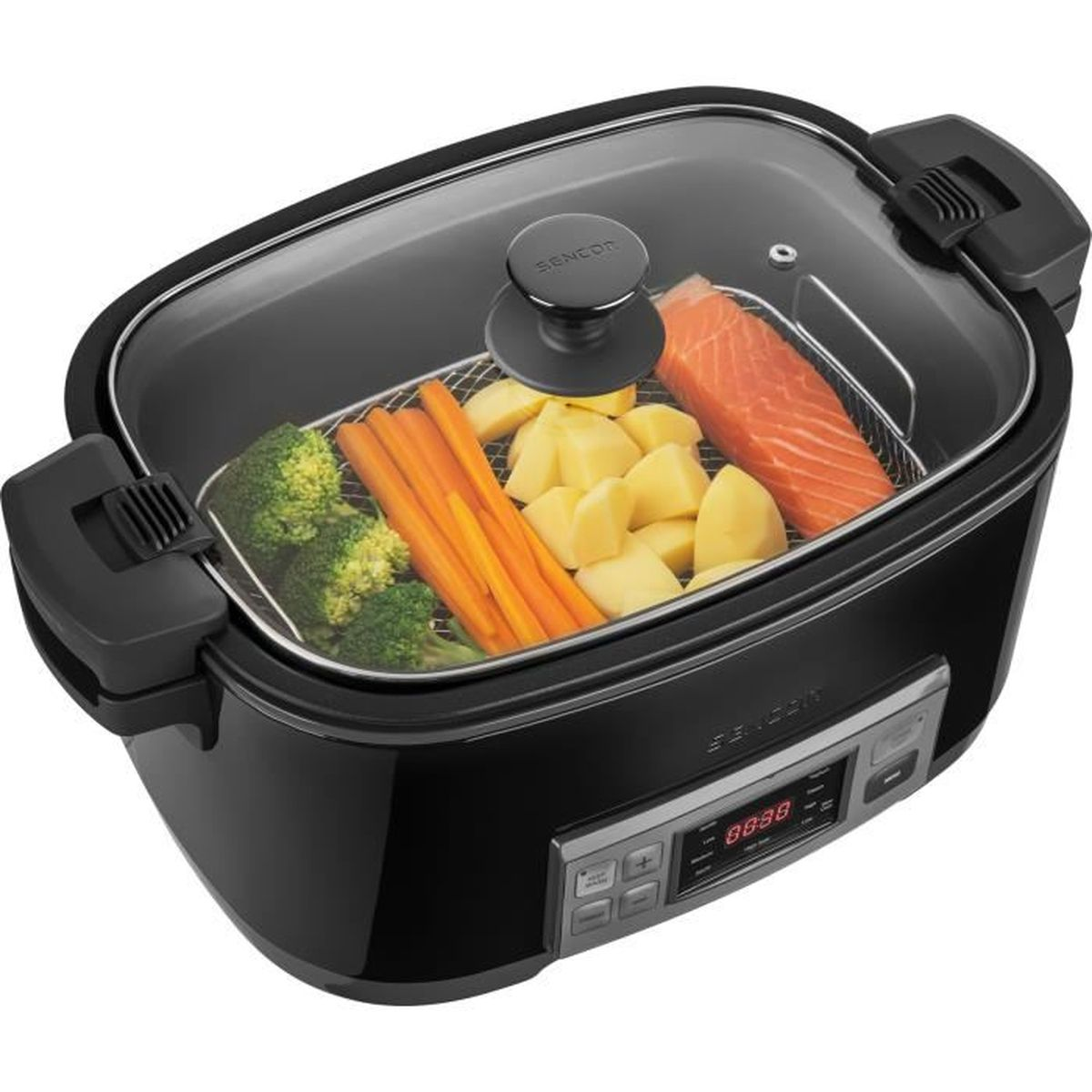 Schwarzer Slow Cooker mit transparentem Deckel. Innen Gemüse und ein Lachsfilet zum Kochen. Das Display ist an.
