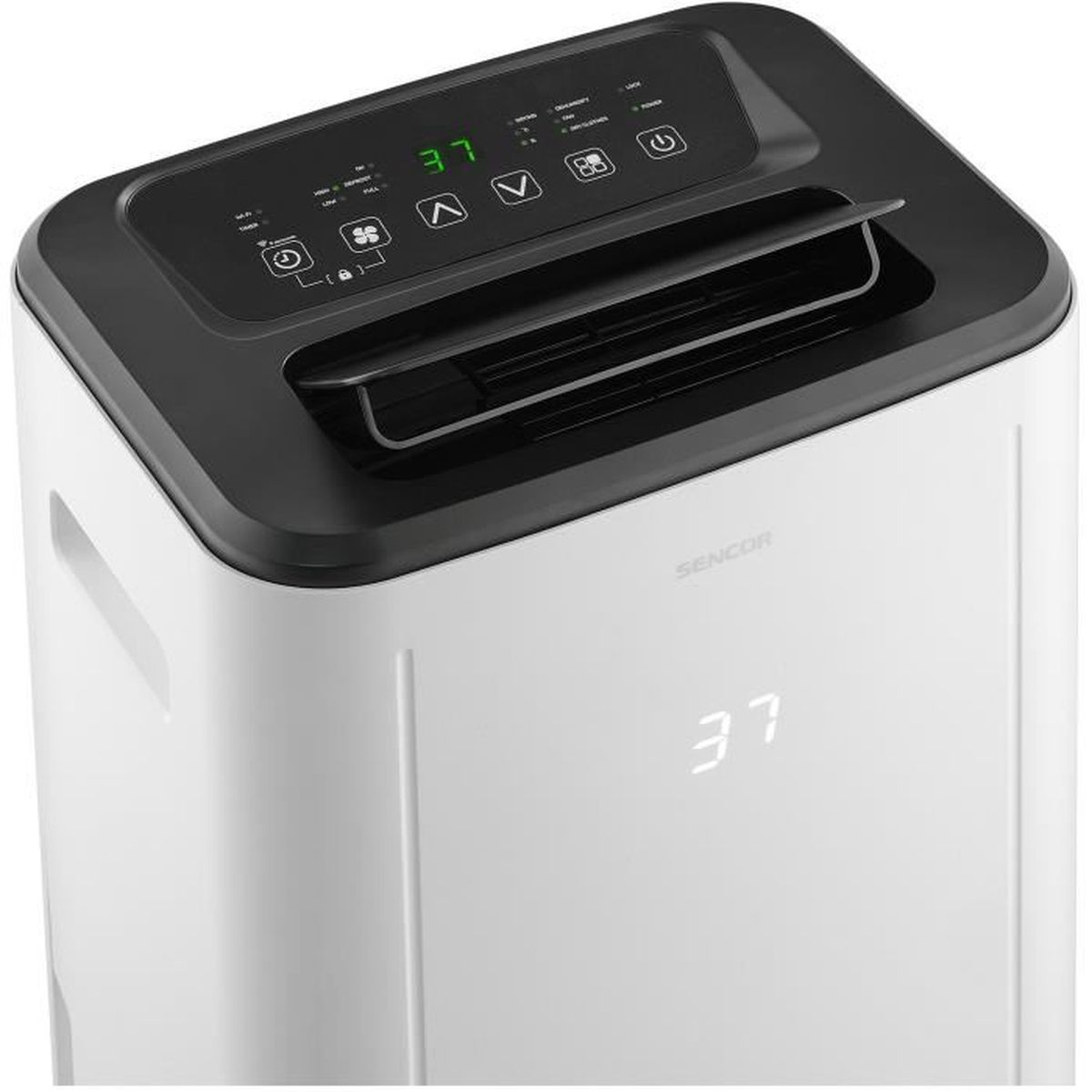 Deumidificatore bianco e nero con display, mostra impostazioni e numeri.