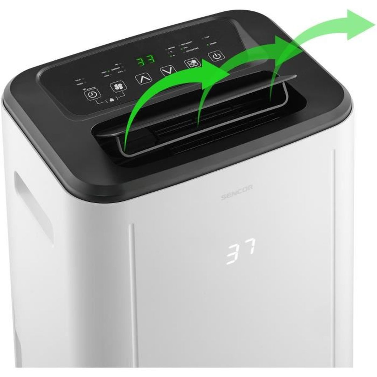 Purificatore d'aria bianco e nero con display e frecce che indicano la direzione del flusso d'aria.