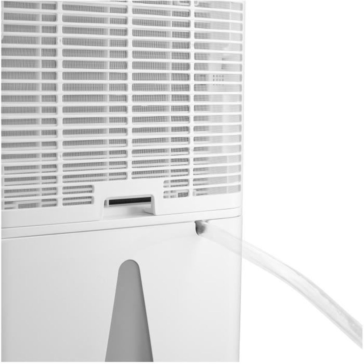Deumidificatore bianco con una grande griglia. Un tubo trasparente si estende dal lato.