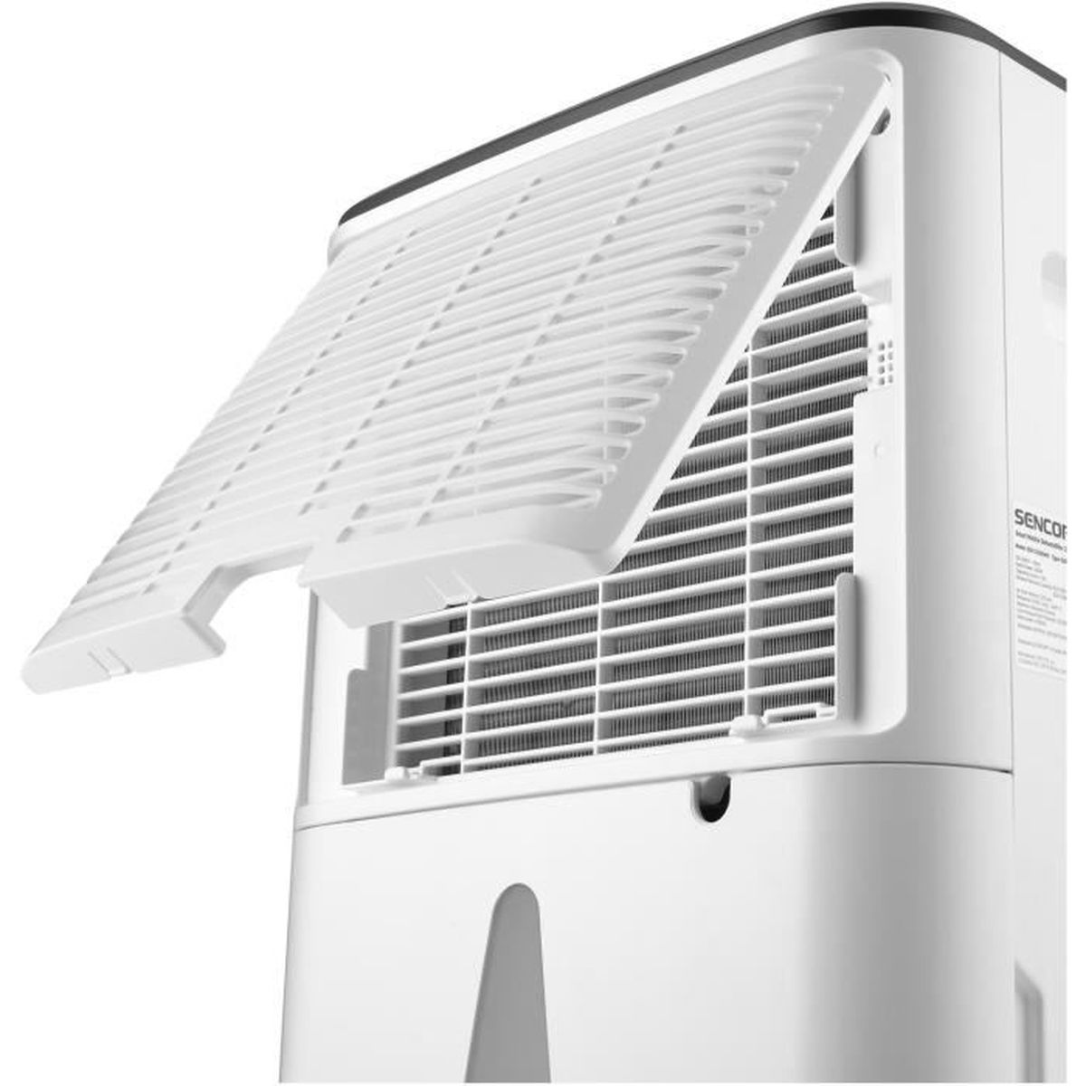 Deumidificatore bianco con pannello frontale aperto. Il pannello bianco ha fessure orizzontali. L'interno è visibile.