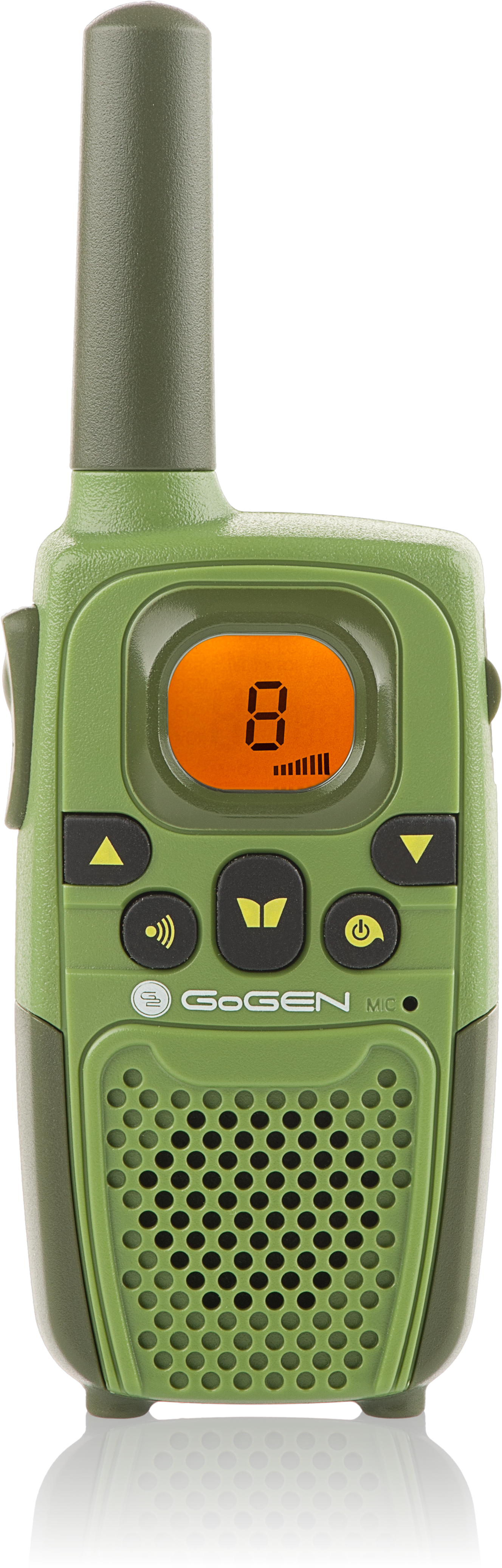 Grünes Walkie-Talkie mit Anzeige einer Nummer. Es hat Knöpfe und eine Antenne.