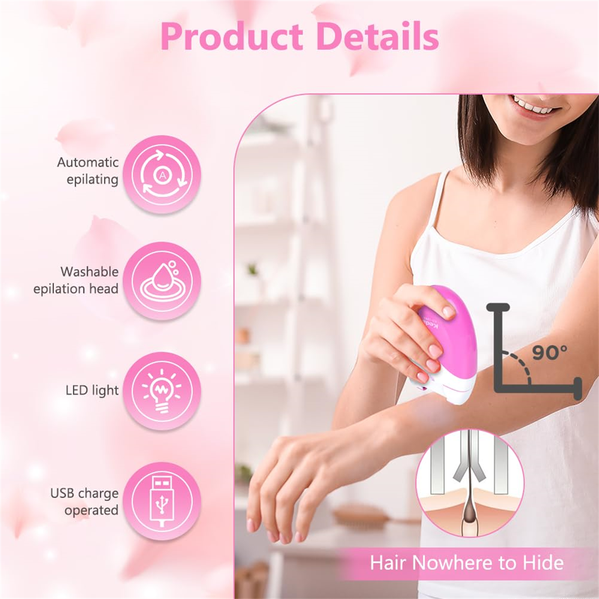 Frau benutzt einen rosa Epilierer an ihrem Arm. Produktdetails und Diagramme werden gezeigt.