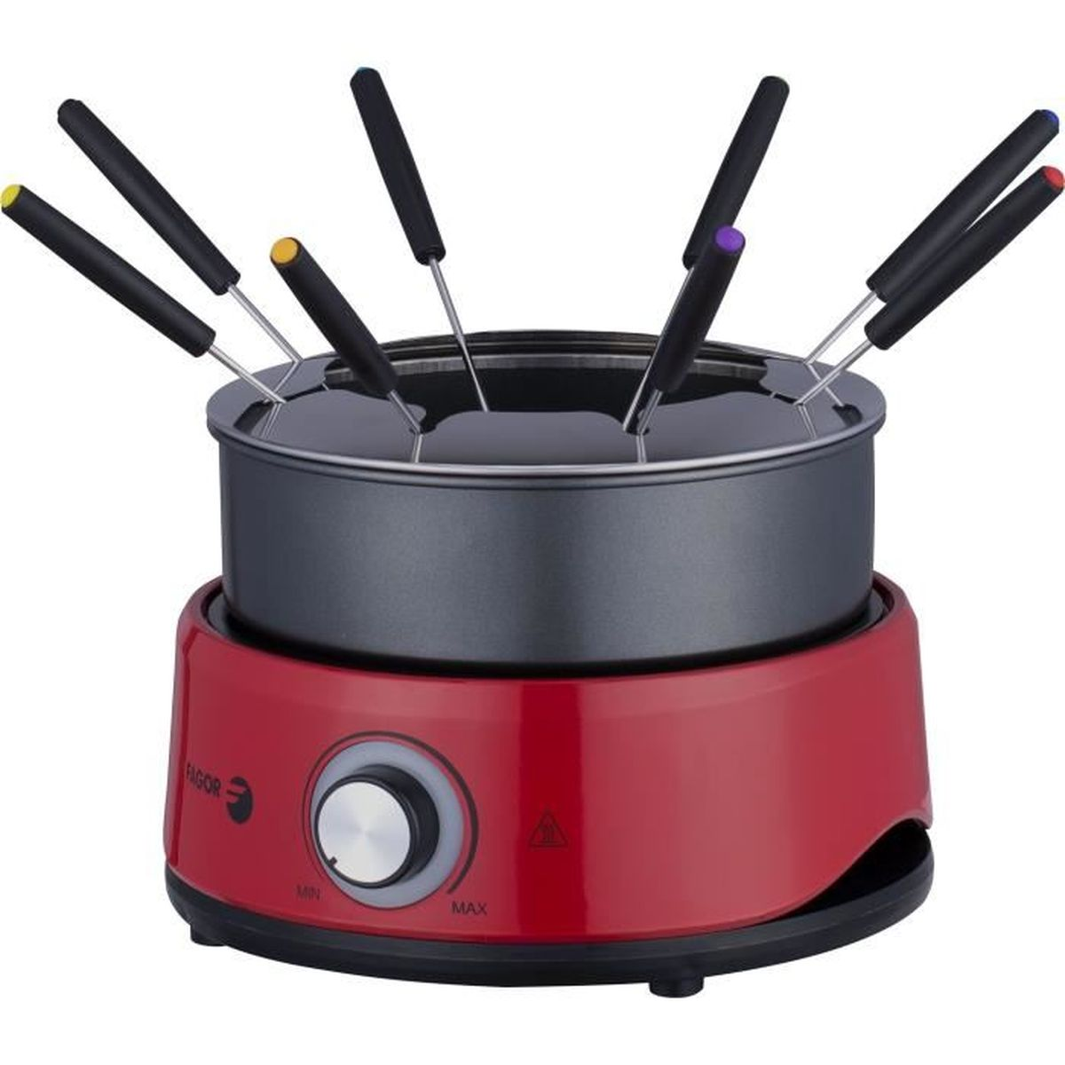 Set per fonduta rosso con pentola nera e diverse forchette con punte colorate.