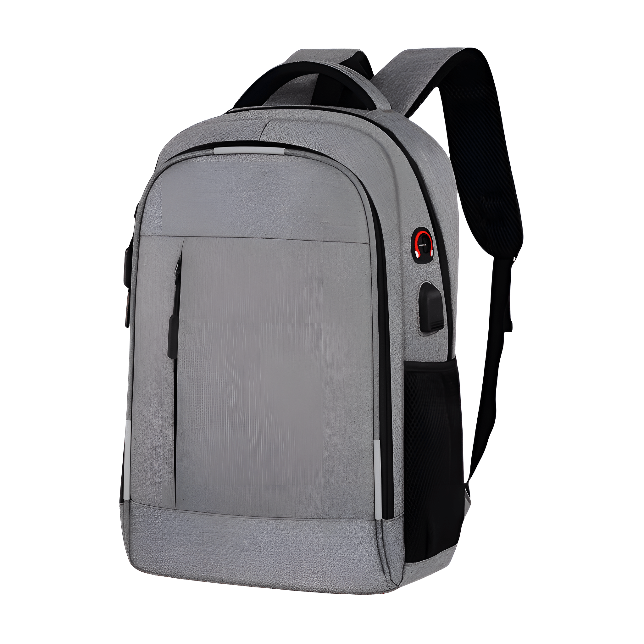 Grauer Rucksack mit Fronttasche, Seitentasche und USB-Anschluss.