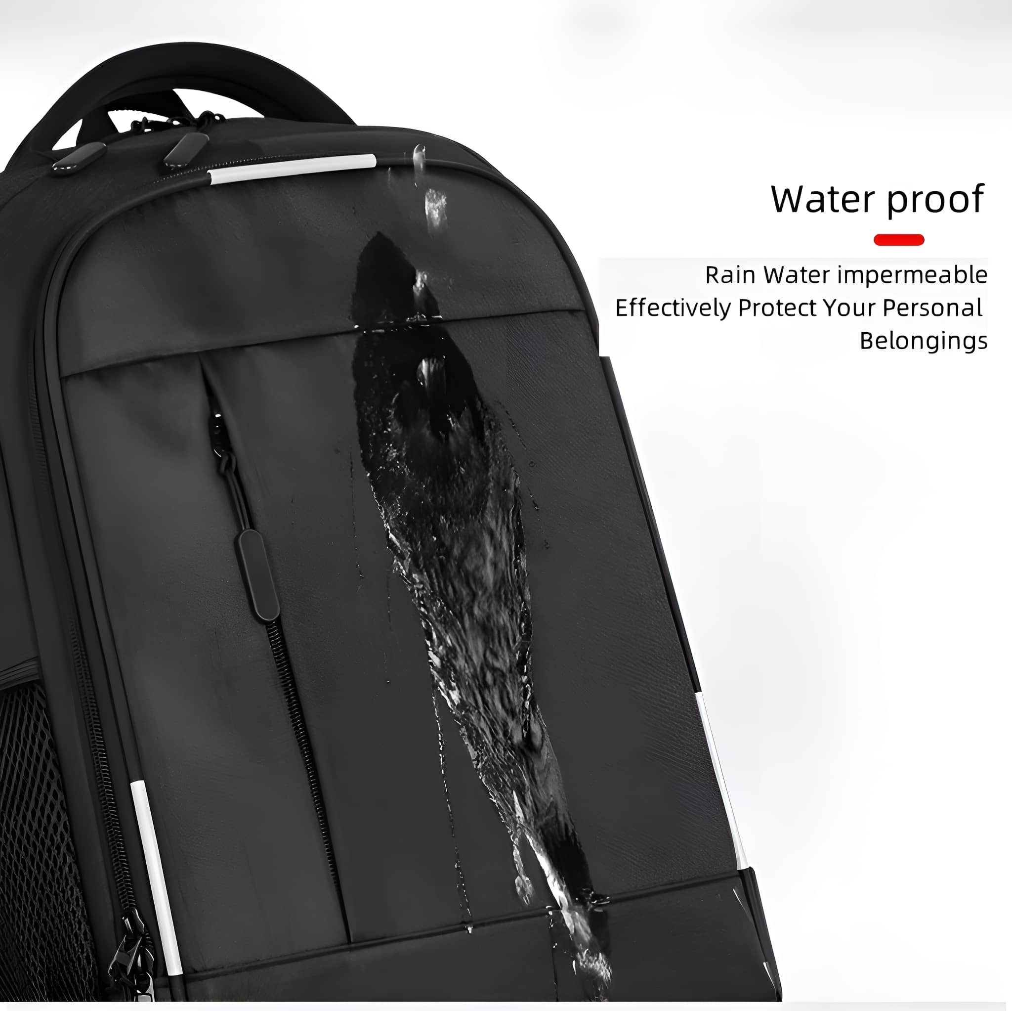 Ein schwarzer Rucksack mit Wassertropfen darauf. Text: Wasserdicht, regenundurchlässig.