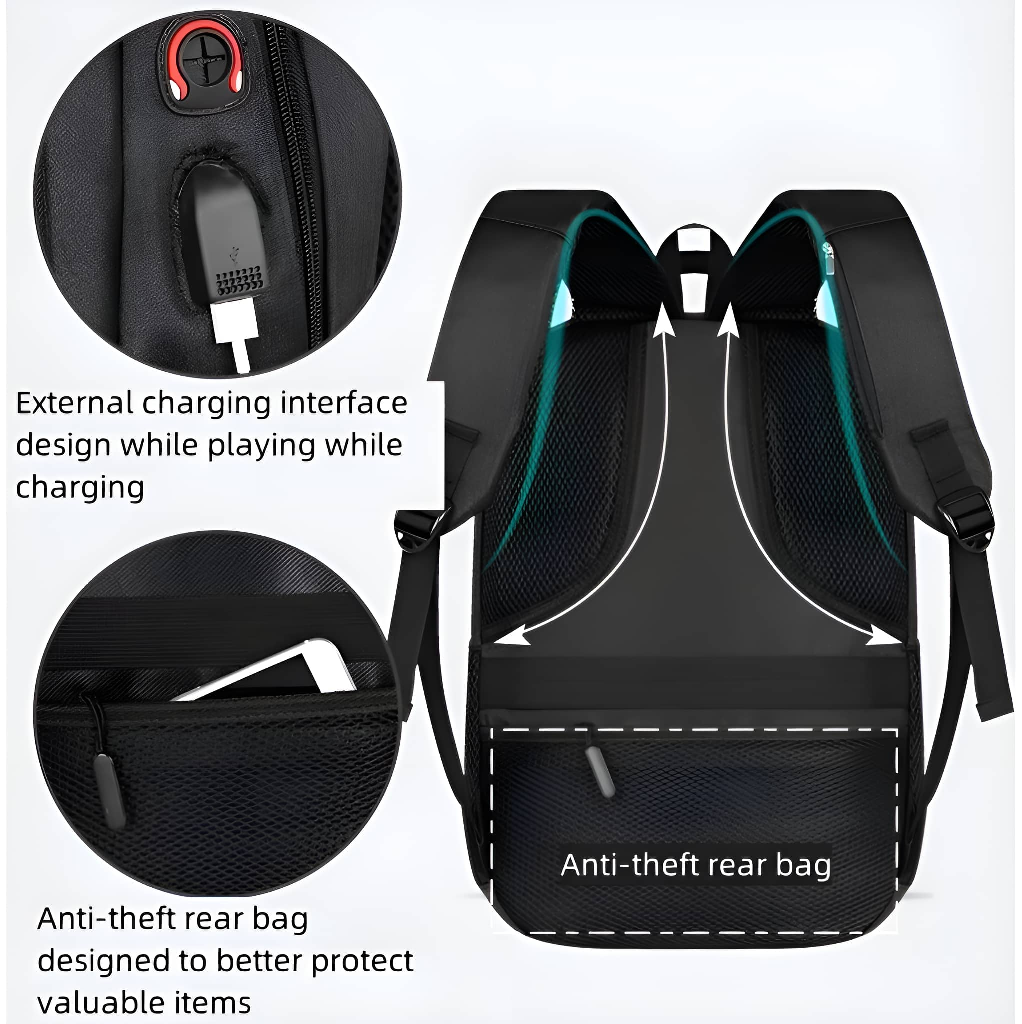 Schwarzer Rucksack mit Ladeanschluss und Diebstahlschutz-Taschendesign. Weiße Pfeile zeigen den Luftstrom.