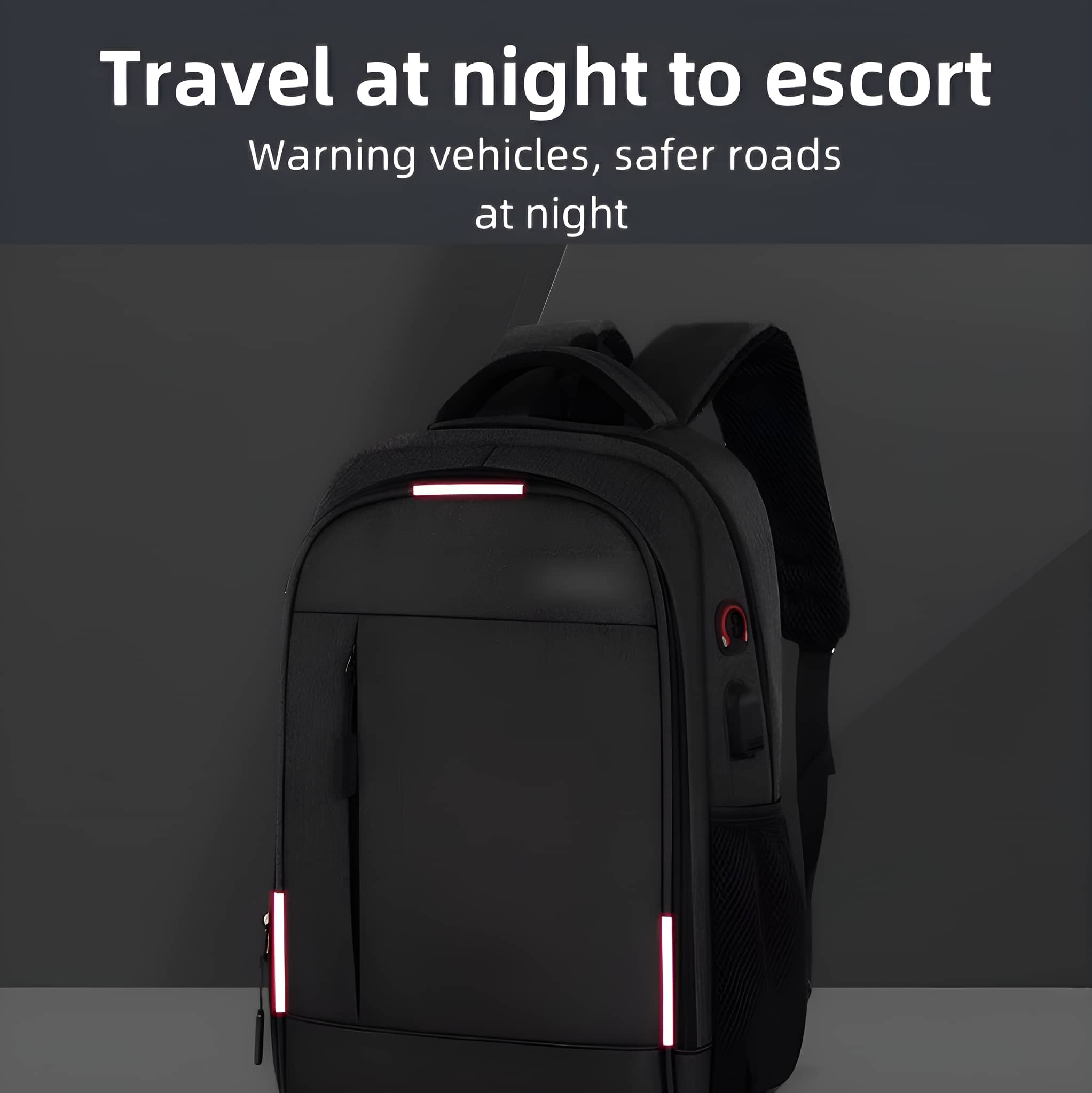 Schwarzer Rucksack mit reflektierenden Streifen und roten Akzenten, vor dunklem Hintergrund.
