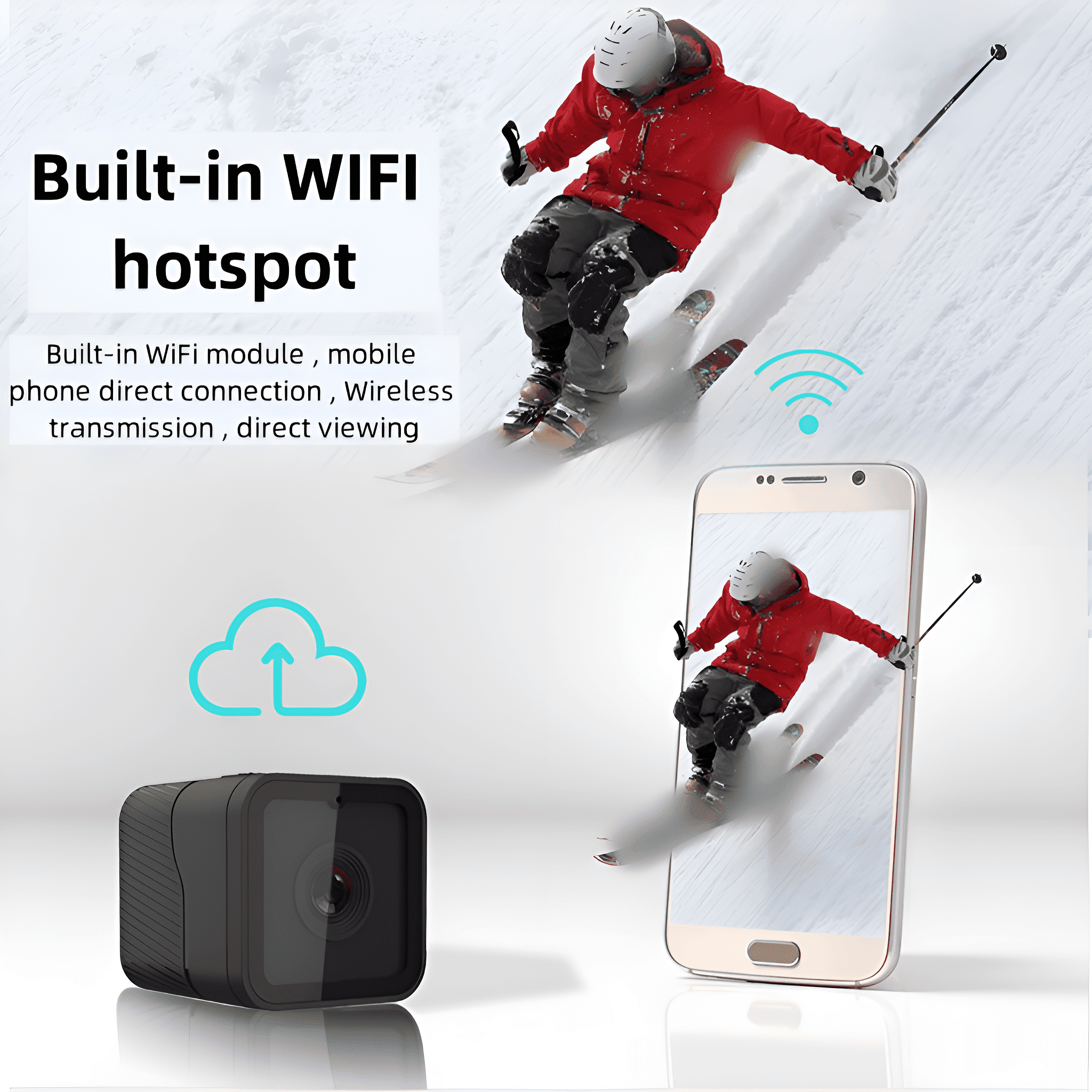 Bild zeigt einen Skifahrer und ein Telefon mit eingebautem WiFi-Modul.