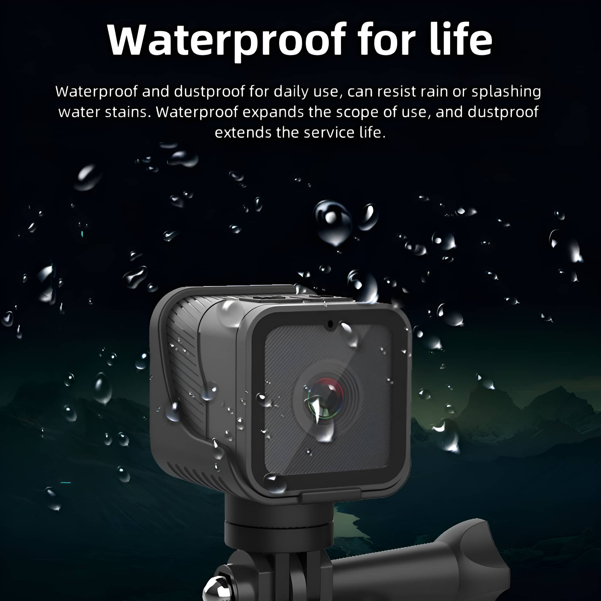 Eine schwarze Action-Kamera mit Wassertropfen darum. Text: Wasserdicht fürs Leben.