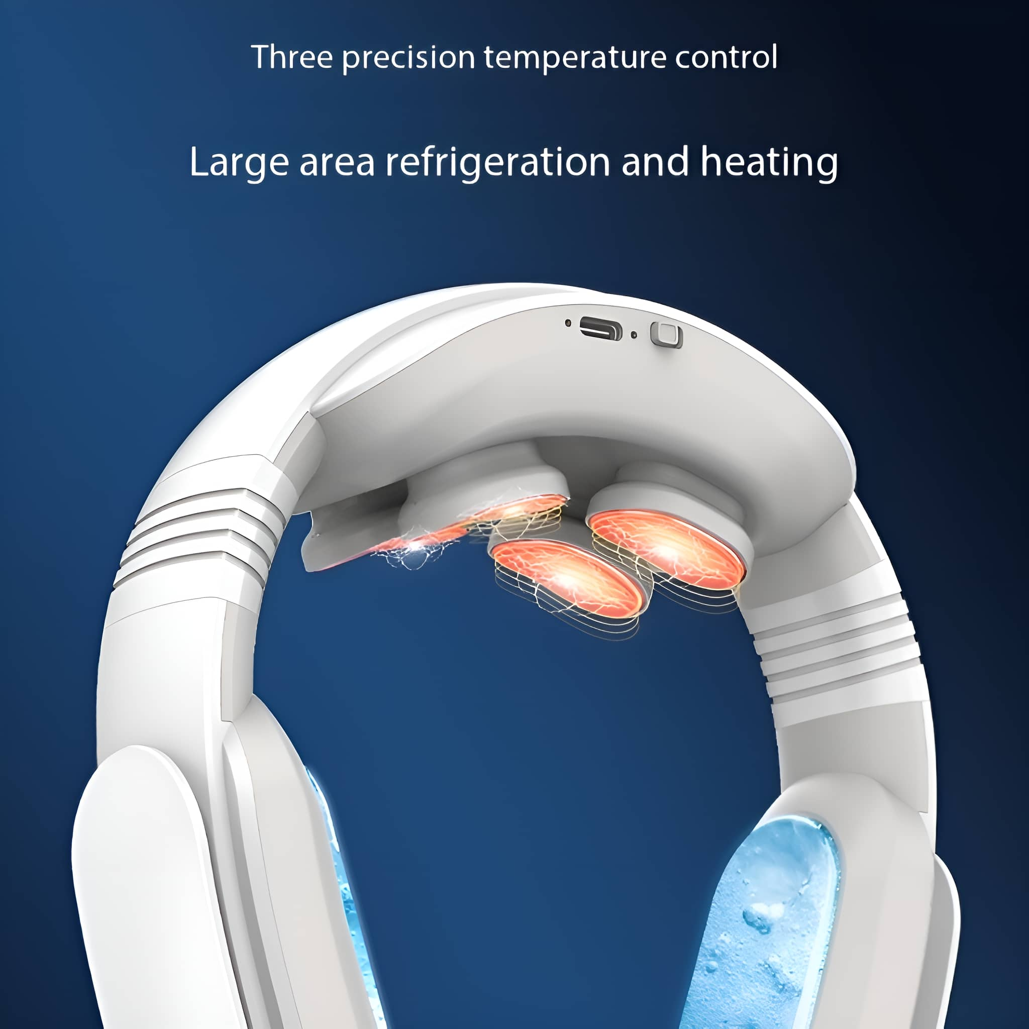 Weißer Nackenmassagegerät mit roten Kreisen. Text sagt 'Three precision temperature control'.