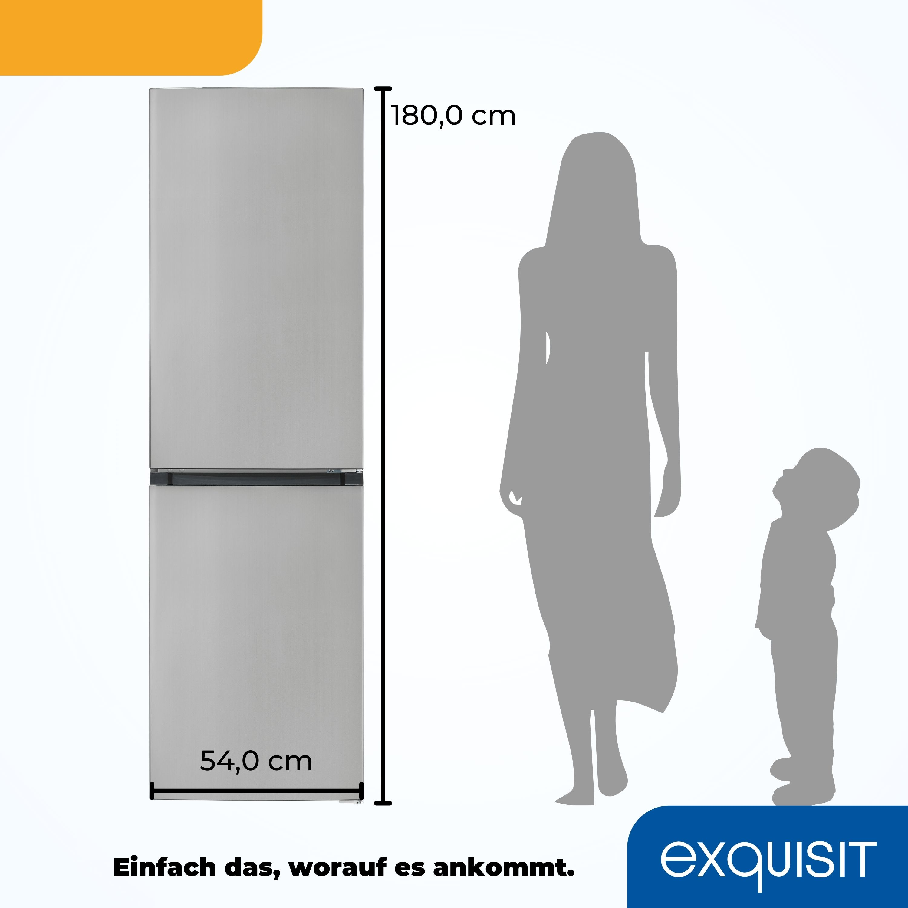 Refrigerador plateado con dimensiones, y una silueta de persona y niño. Fondo blanco.